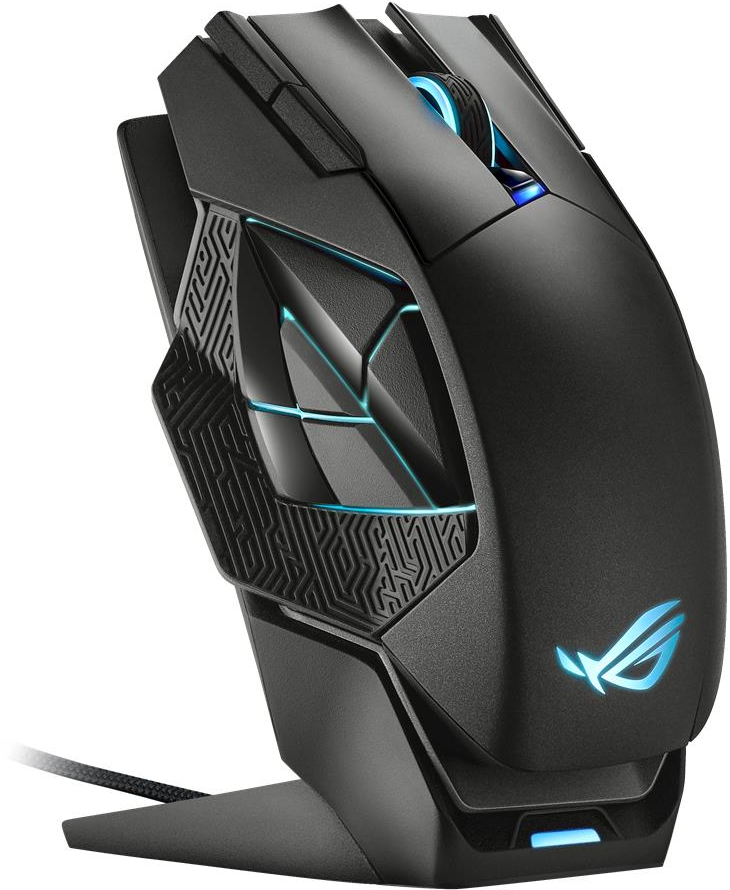 Mouse da gioco nero con illuminazione blu. Presenta il logo ROG e un design intricato.