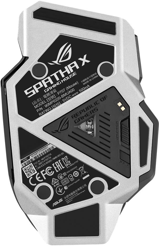 Mouse da gioco nero e argento, con loghi e testo che dettagliano il modello e le specifiche.