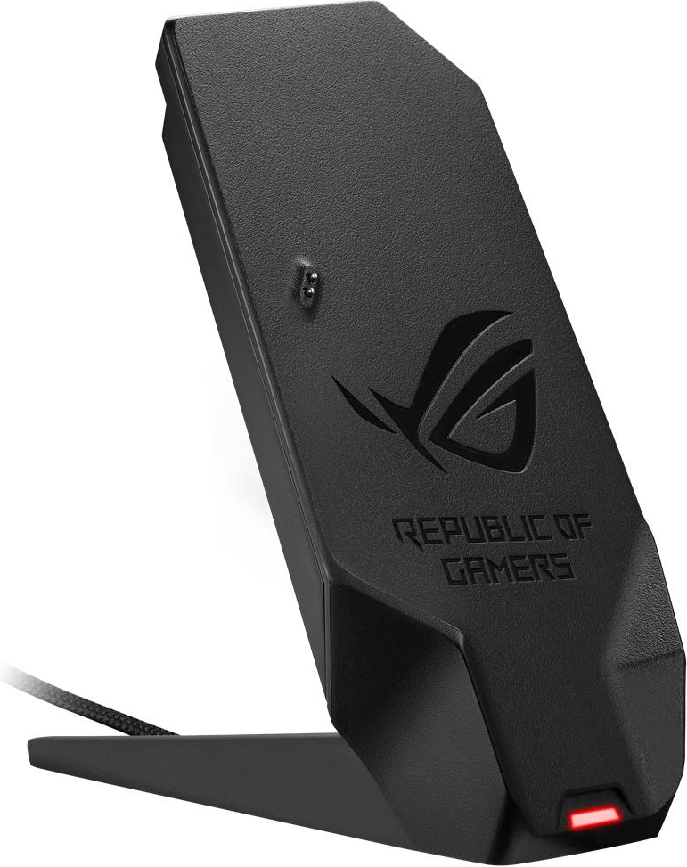 Supporto di ricarica wireless nero con il logo Republic of Gamers e una luce rossa.