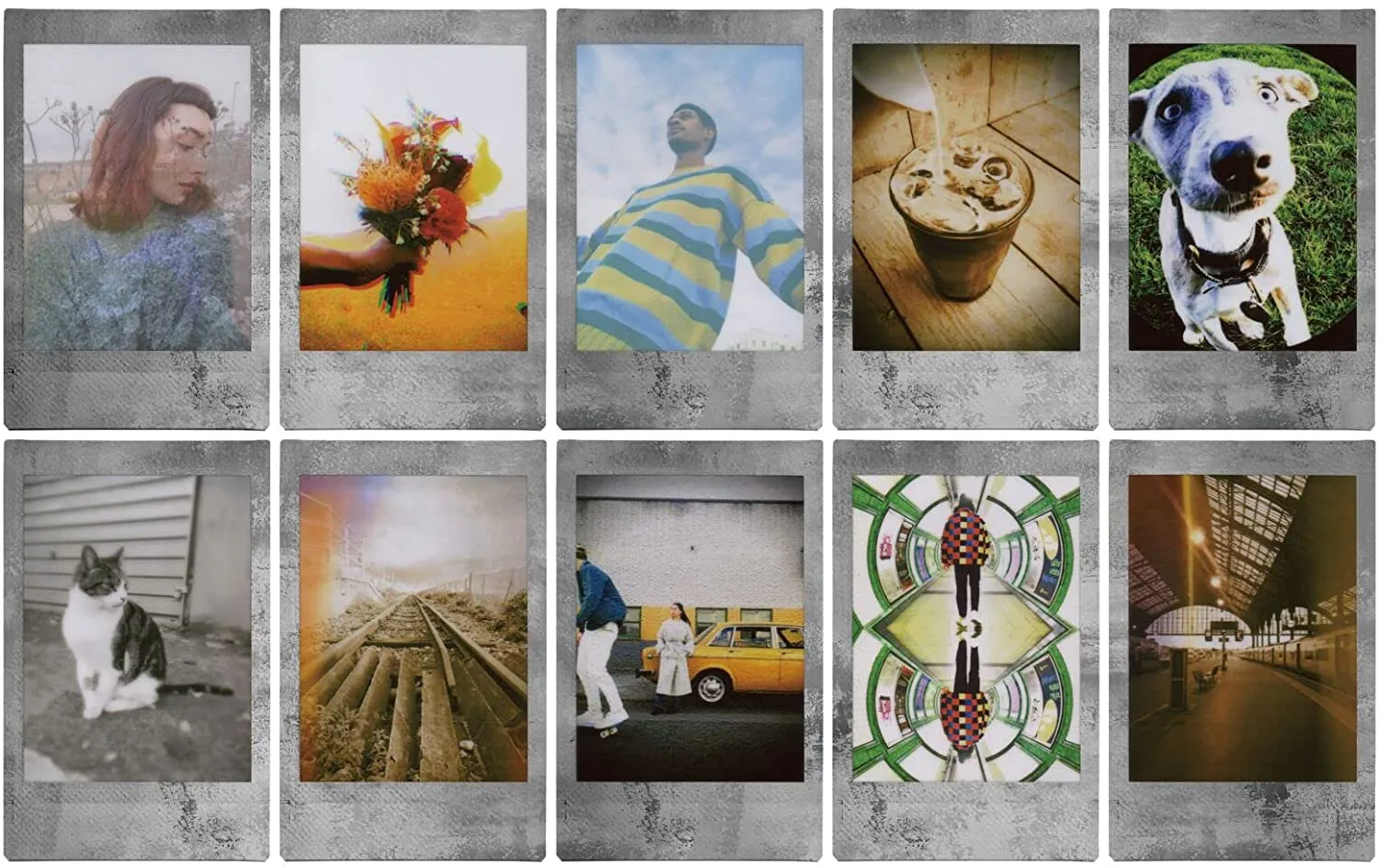 Zehn Polaroid-Bilder verschiedener Szenen, darunter Menschen, Blumen und Landschaften.