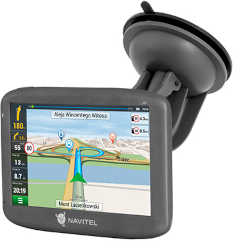 Fekete GPS-készülék, ami egy autó szélvédőjére van rögzítve, navigációs térképet jelenít meg.