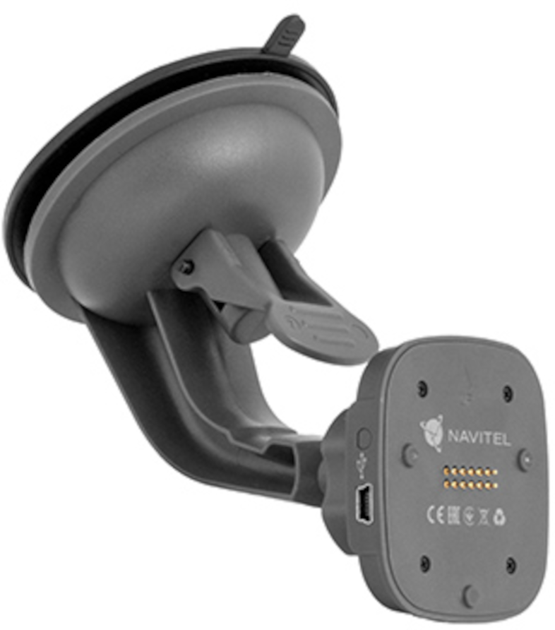 GPS tartó. Szürke, tapadókoronggal. USB port és Navitel logó látható.
