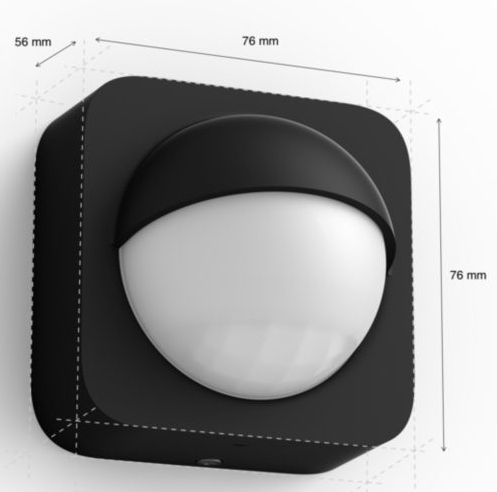 Un détecteur de mouvement noir. Il a un dôme blanc et une base noire. Les dimensions sont indiquées autour de l'appareil.