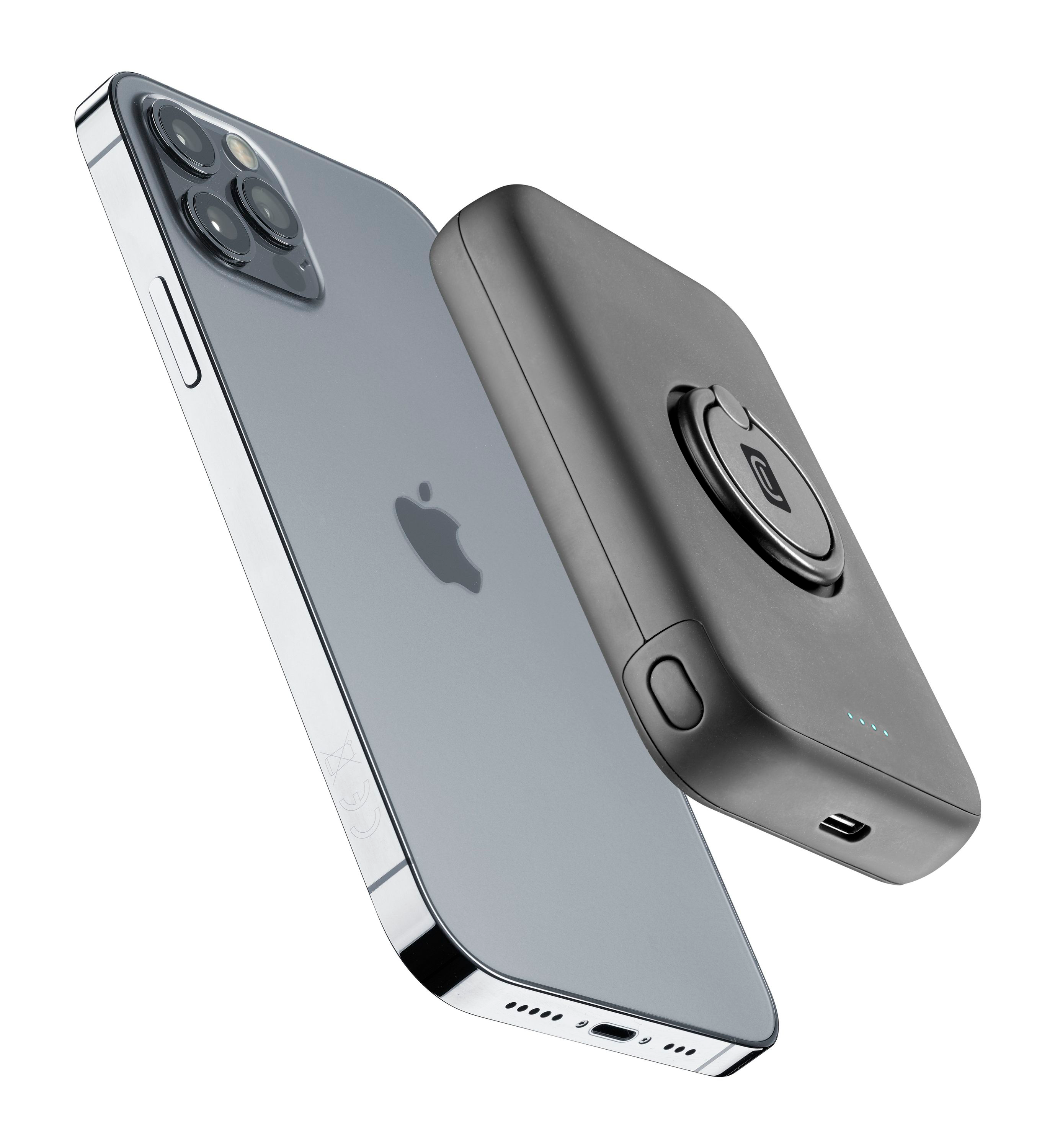 Mobiltelefon mit angebrachtem magnetischem Ladegerät. Das Ladegerät ist dunkelgrau.