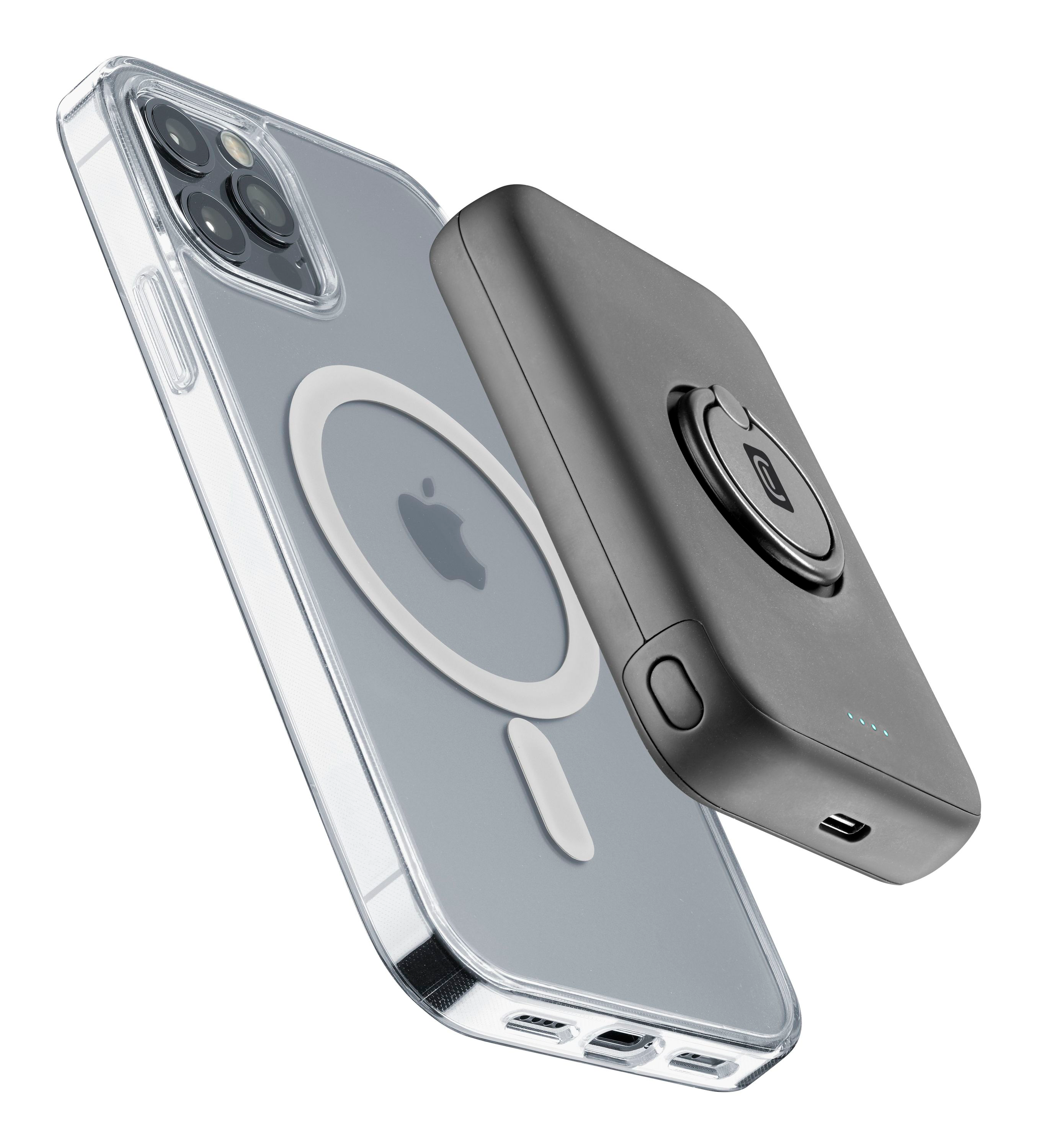 iPhone mit durchsichtiger Hülle und einer grauen Powerbank. Weißer MagSafe-Kreis auf dem Telefon sichtbar.