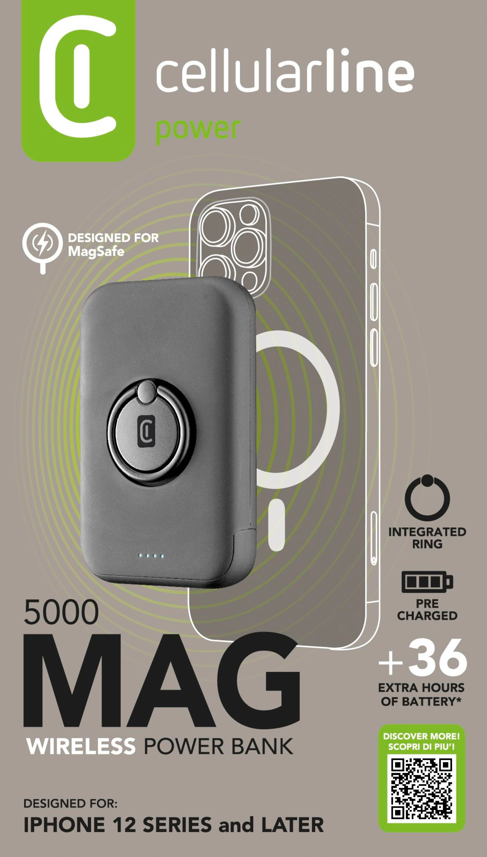 Eine graue Cellularline Wireless Powerbank mit Telefon und Text.