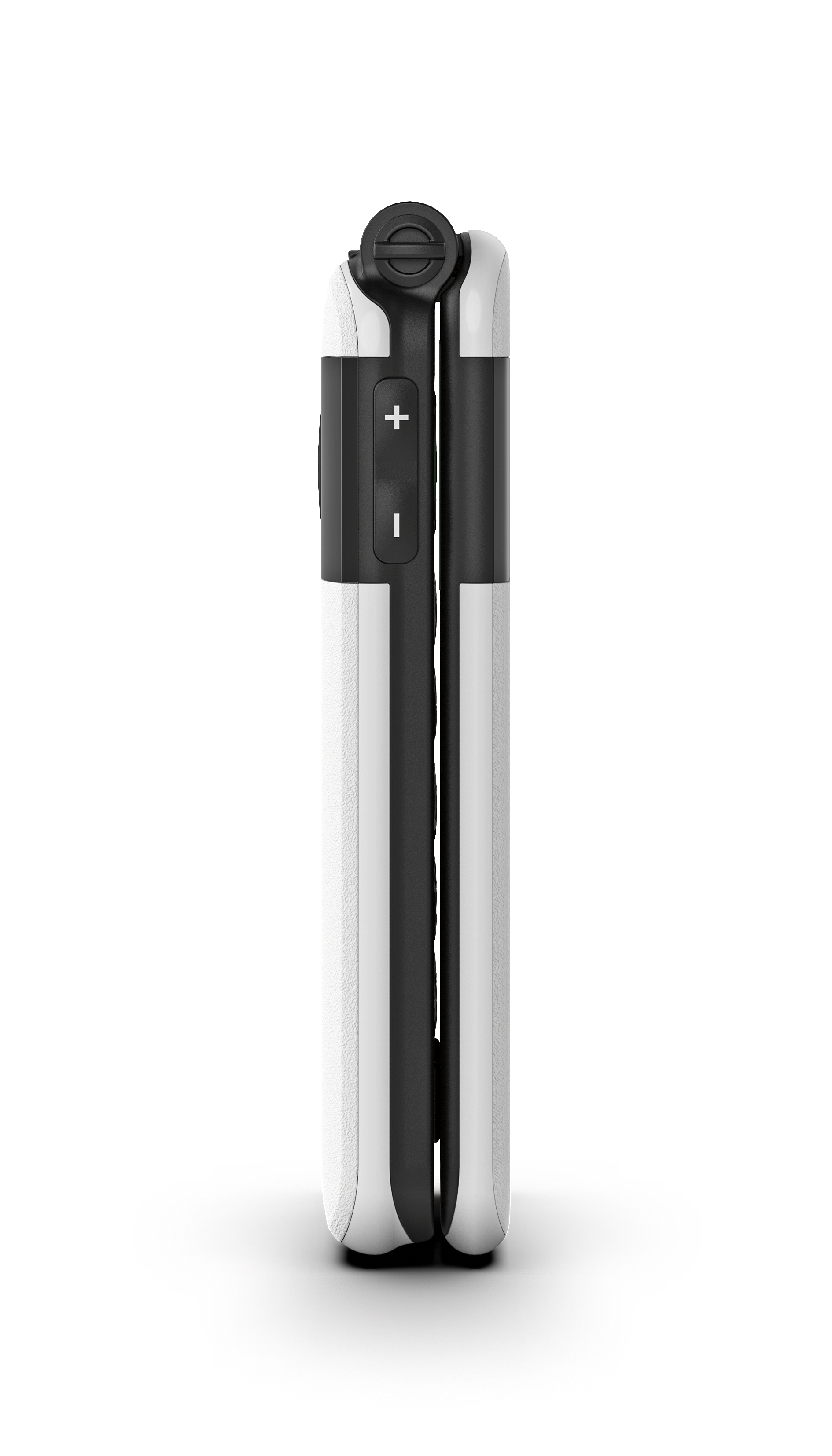 Gefaltetes weißes und schwarzes Gerät, Seitenansicht, mit Plus- und Minus-Tasten sichtbar.