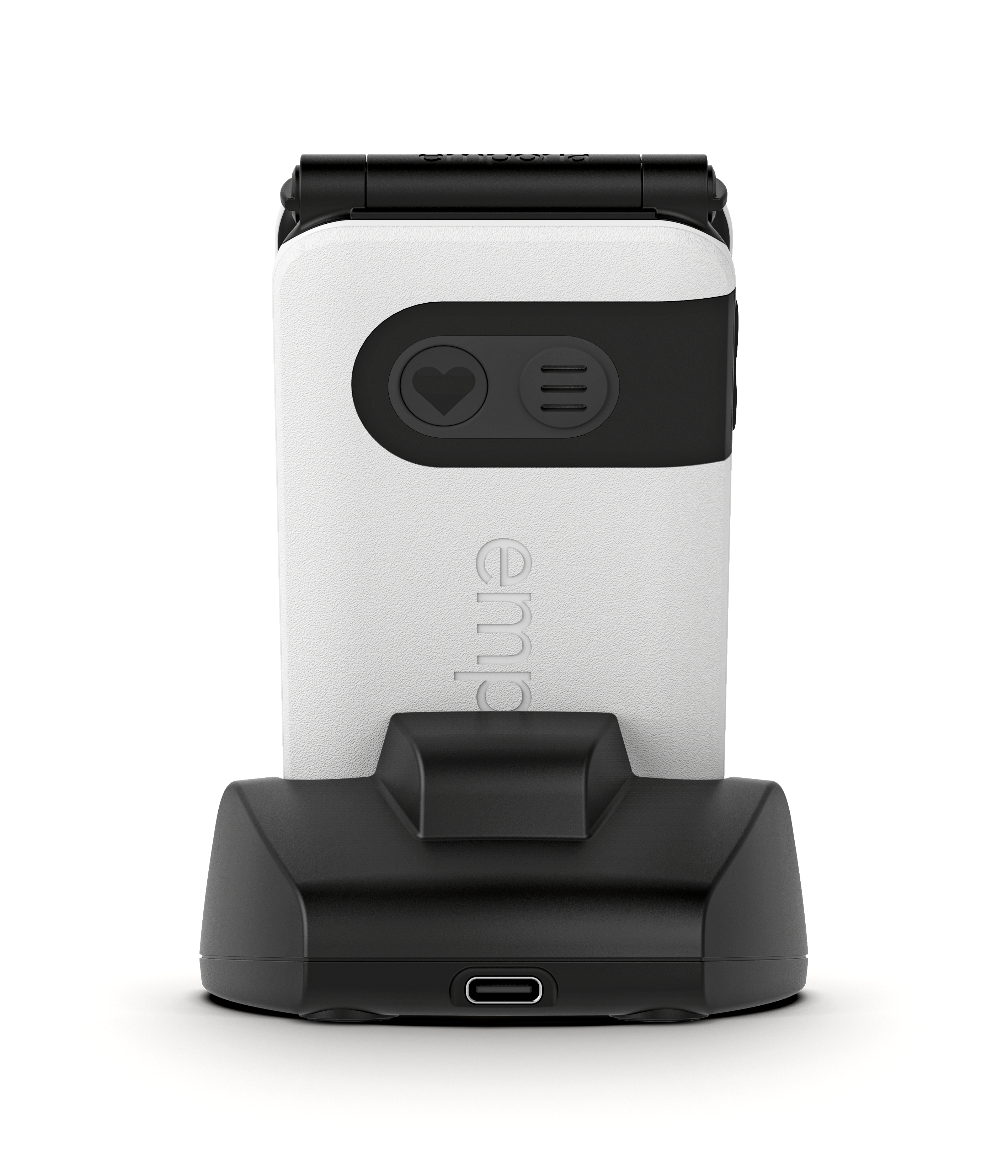Weißes und schwarzes Gerät auf einem Ständer mit USB-Anschluss, Herz- und Menüsymbolen auf Weiß.