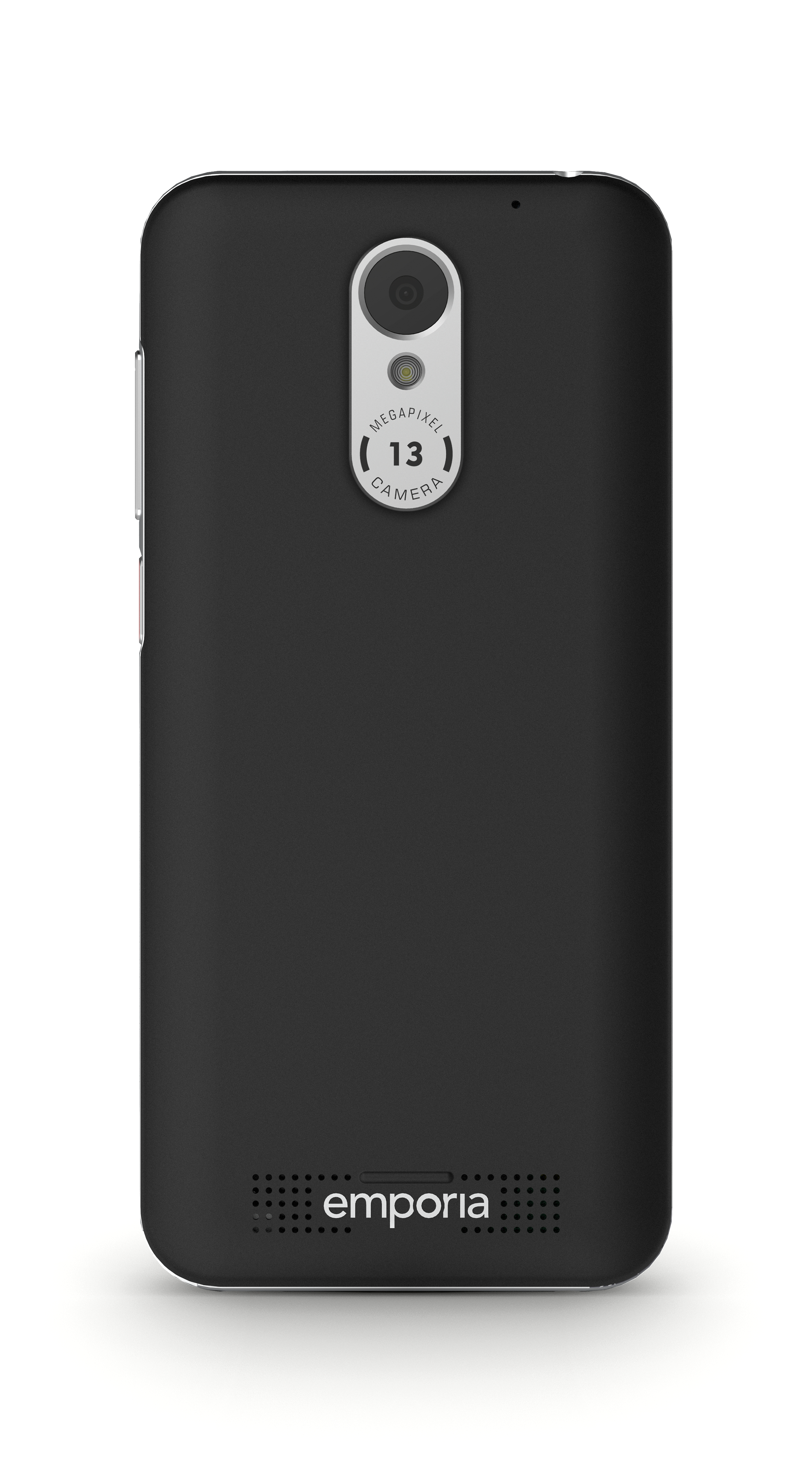 Schwarzes Telefon mit einzelner Kamera, Emporia-Logo und Lautsprecherlöchern.