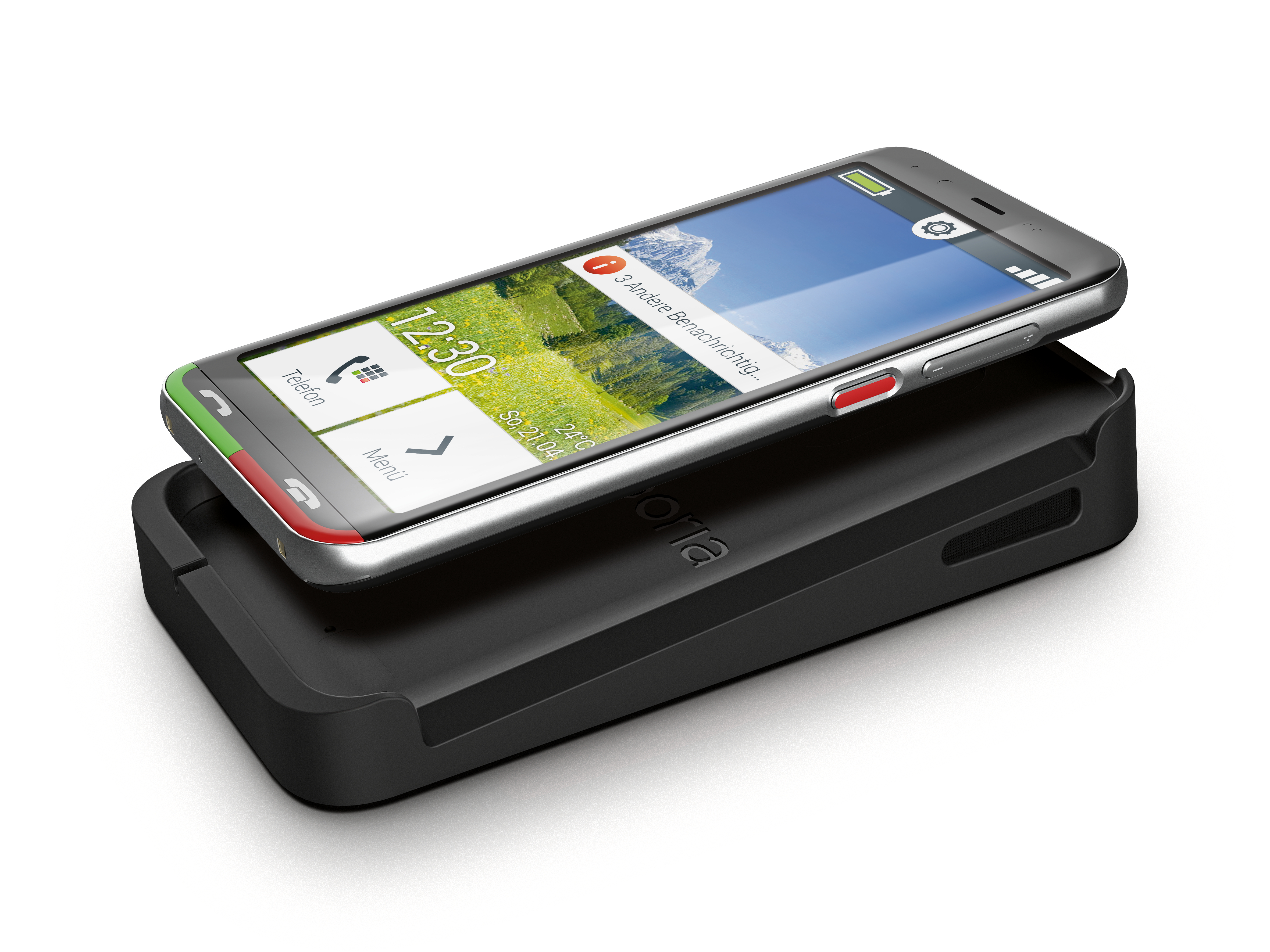 Smartphone auf einer schwarzen Ladestation, mit Startbildschirm und Benachrichtigungen.