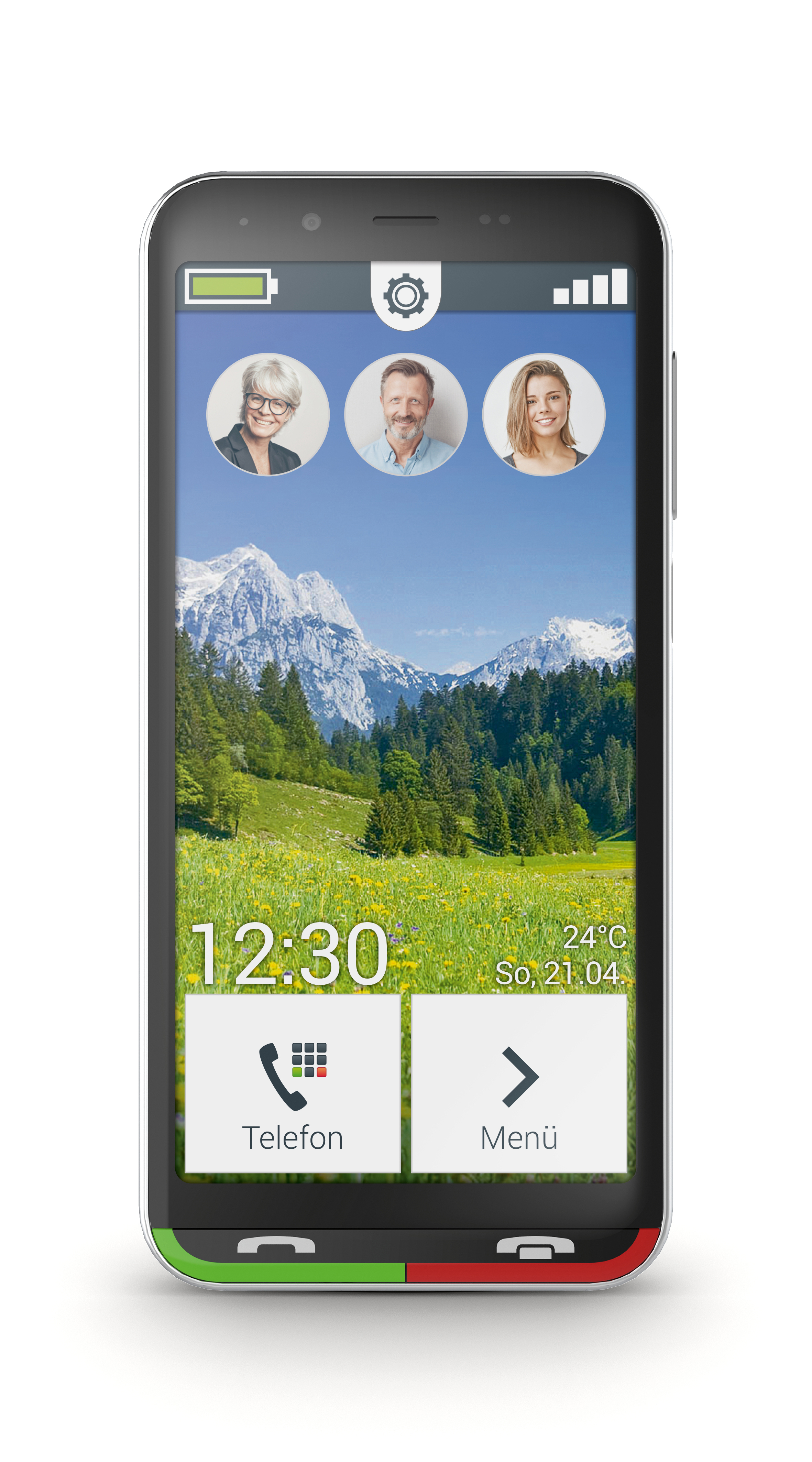 Ein Smartphone zeigt eine Videoanruf-Oberfläche mit drei Personen und Symbolen auf weißem Hintergrund.