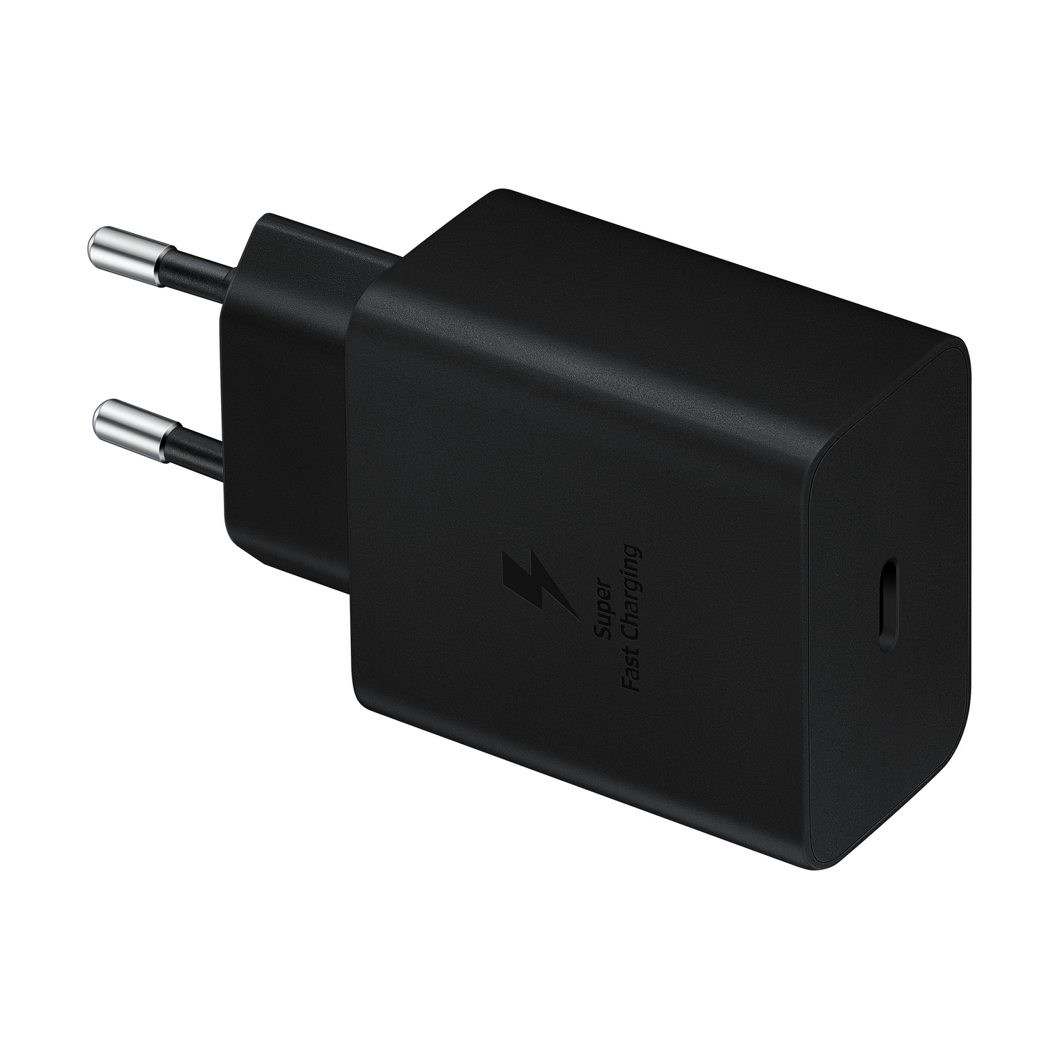Adaptador de carga negro con dos clavijas y puerto USB-C.