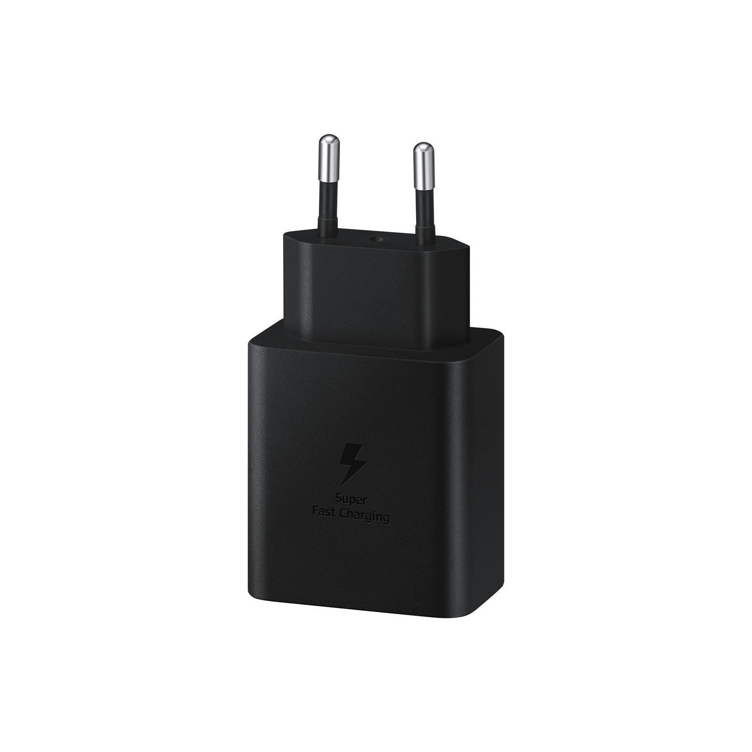 Adaptador de carga súper rápida Samsung negro, con símbolo de carga.
