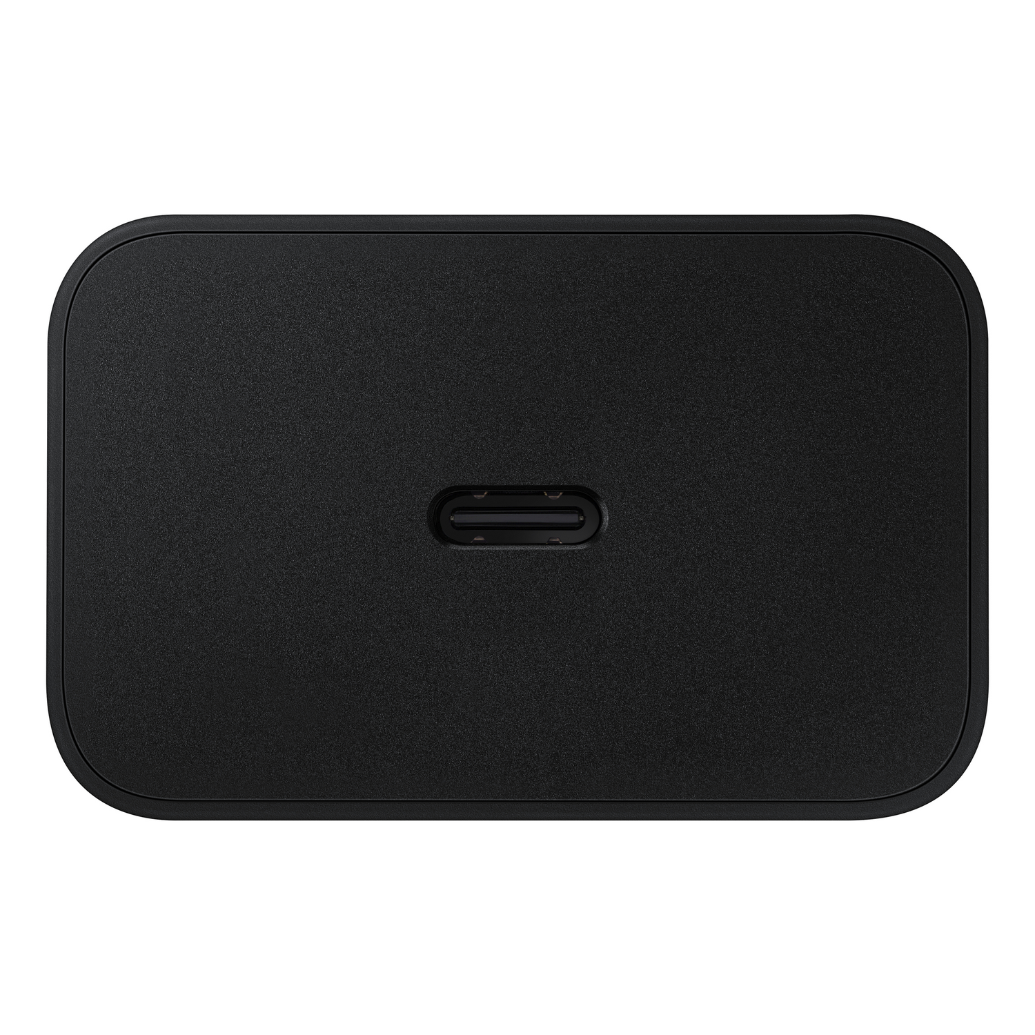 Un cargador USB-C negro y rectangular con un puerto USB-C.