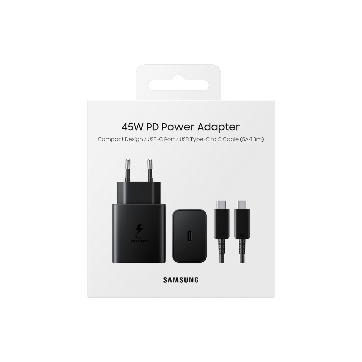 Kit adaptador de corriente Samsung 45W PD negro. Incluye cargador, cable USB-C.