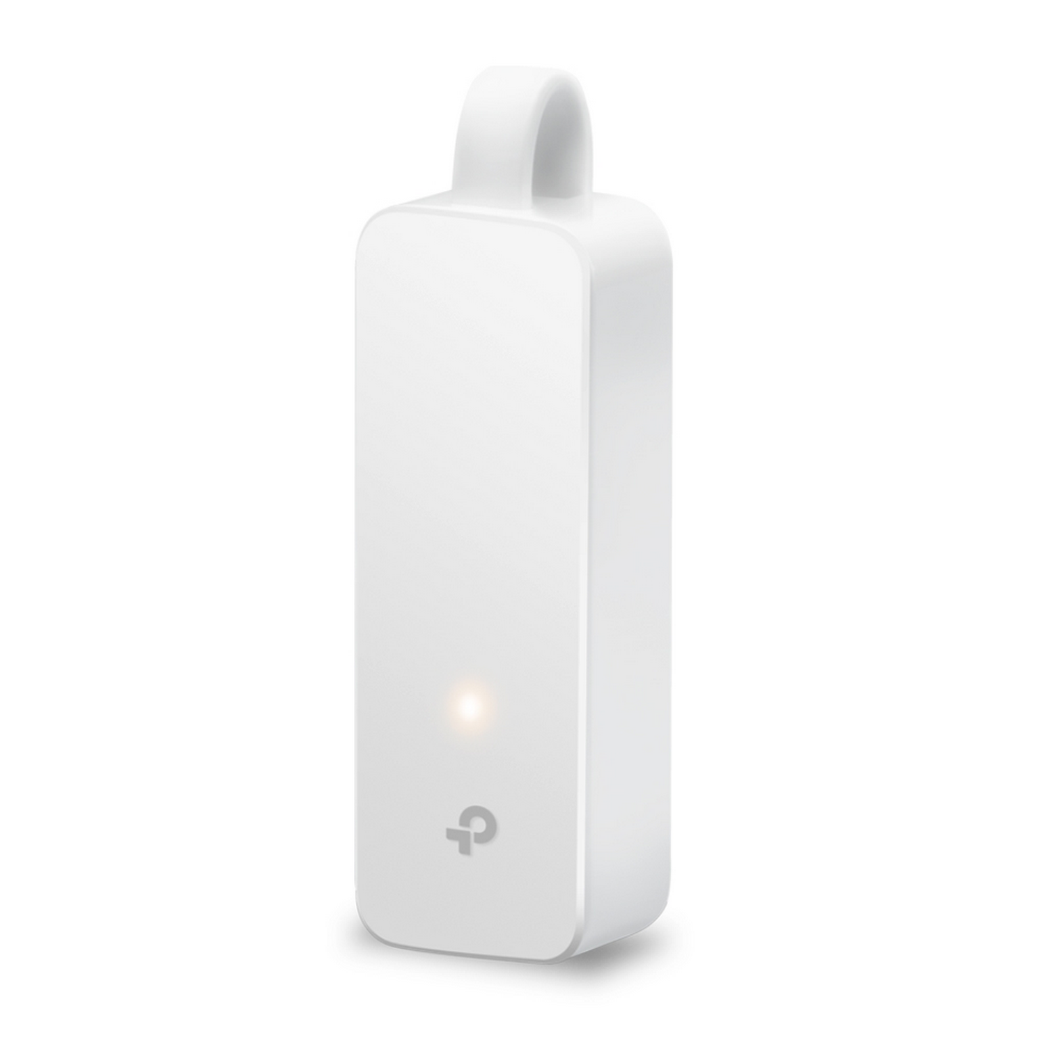 Dispositivo rectangular blanco con un lazo. Tiene un logo de TP-Link y una luz.