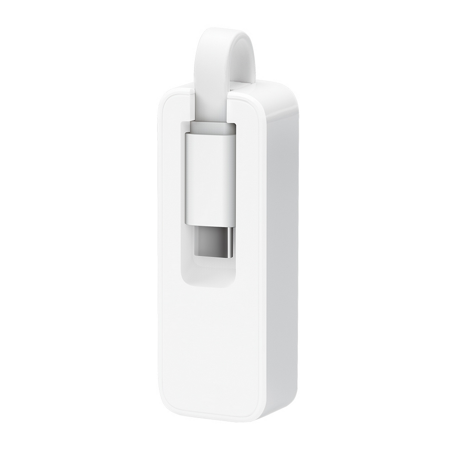 Un adaptador USB-C blanco con un bucle blanco, diseñado para un fácil almacenamiento.