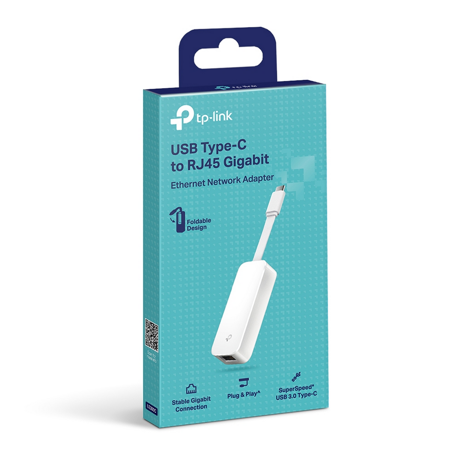 Caja blanca y azul verdoso para un adaptador Ethernet Gigabit USB Tipo-C a RJ45 de TP-Link. Producto visible.
