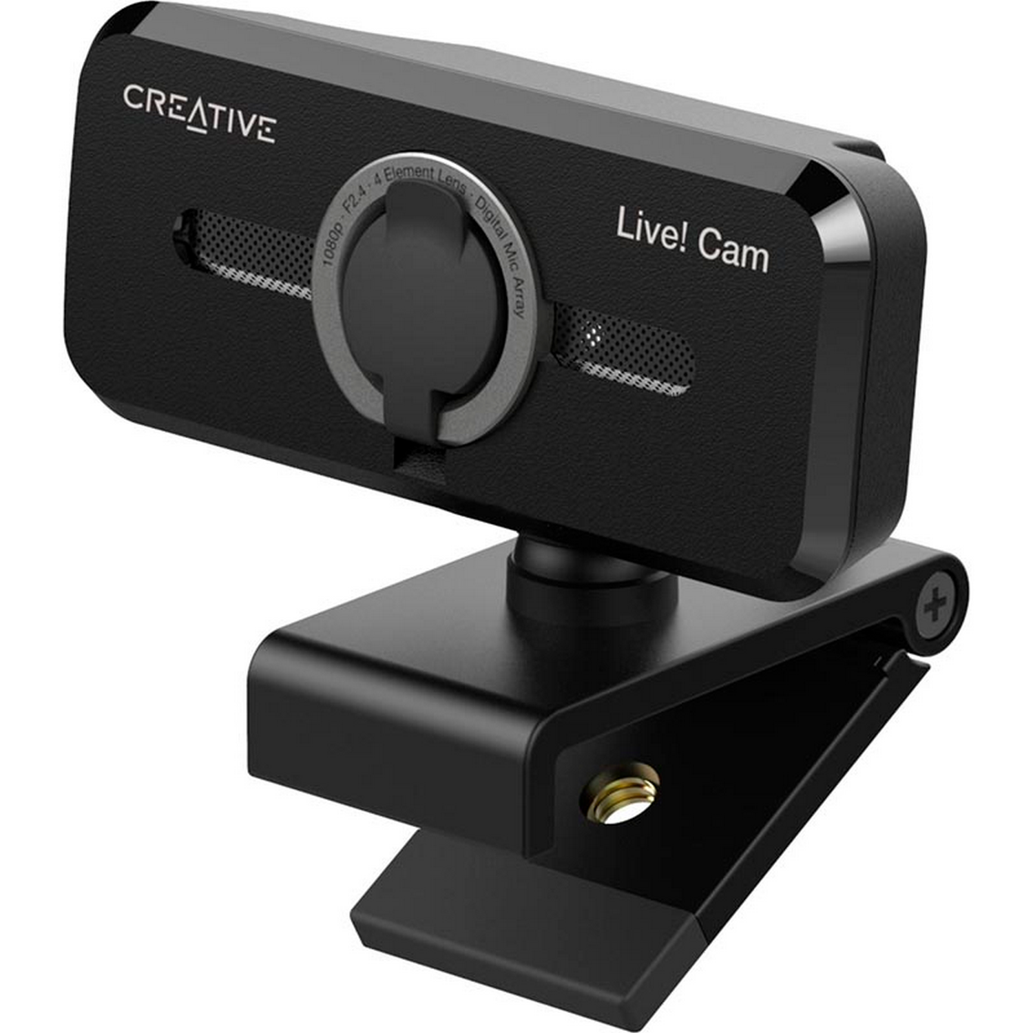 Una webcam Creative negra con base de clip, con lente y micrófono.