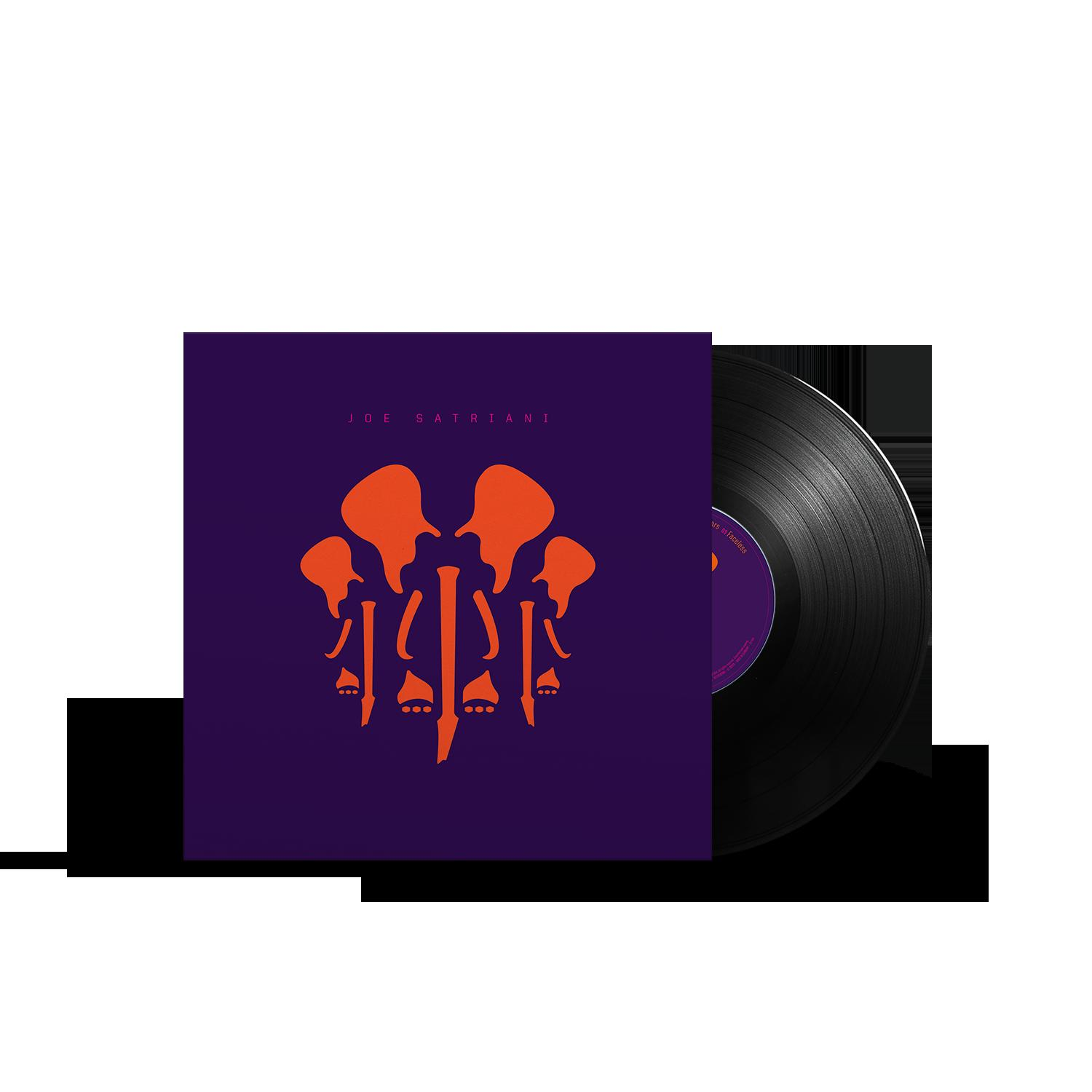 Une pochette d'album vinyle de Joe Satriani, avec des silhouettes d'éléphants orange sur fond violet.