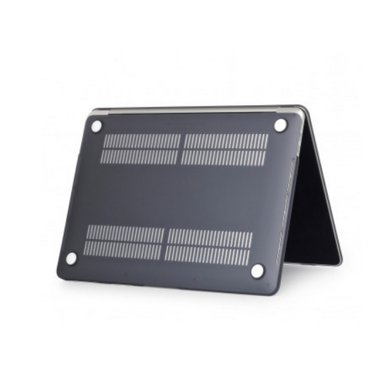 Funda negra para portátil con orificios de ventilación. El portátil está abierto, mostrando su interior.
