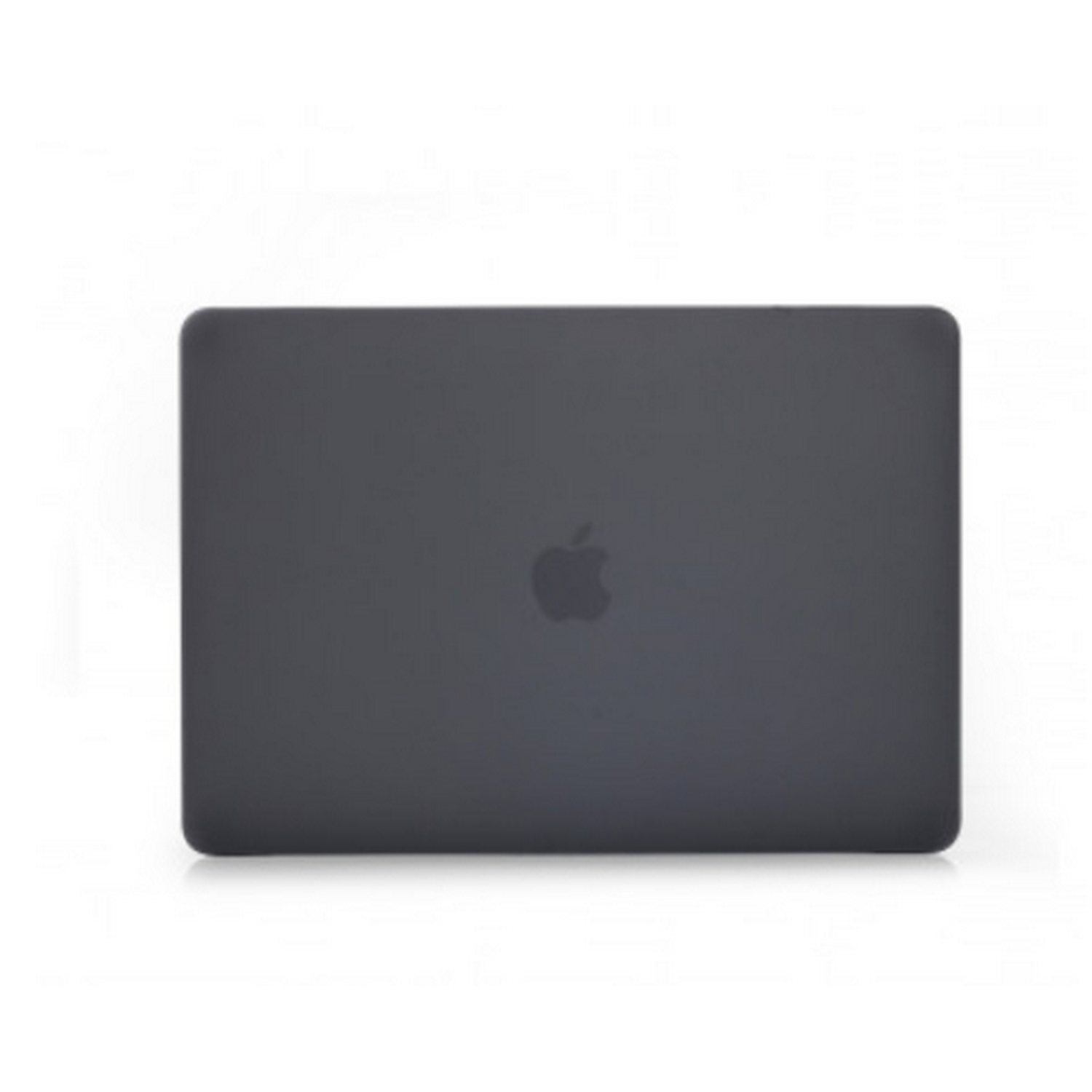 Portátil gris oscuro cerrado con el logo de Apple en la tapa. Fondo blanco.