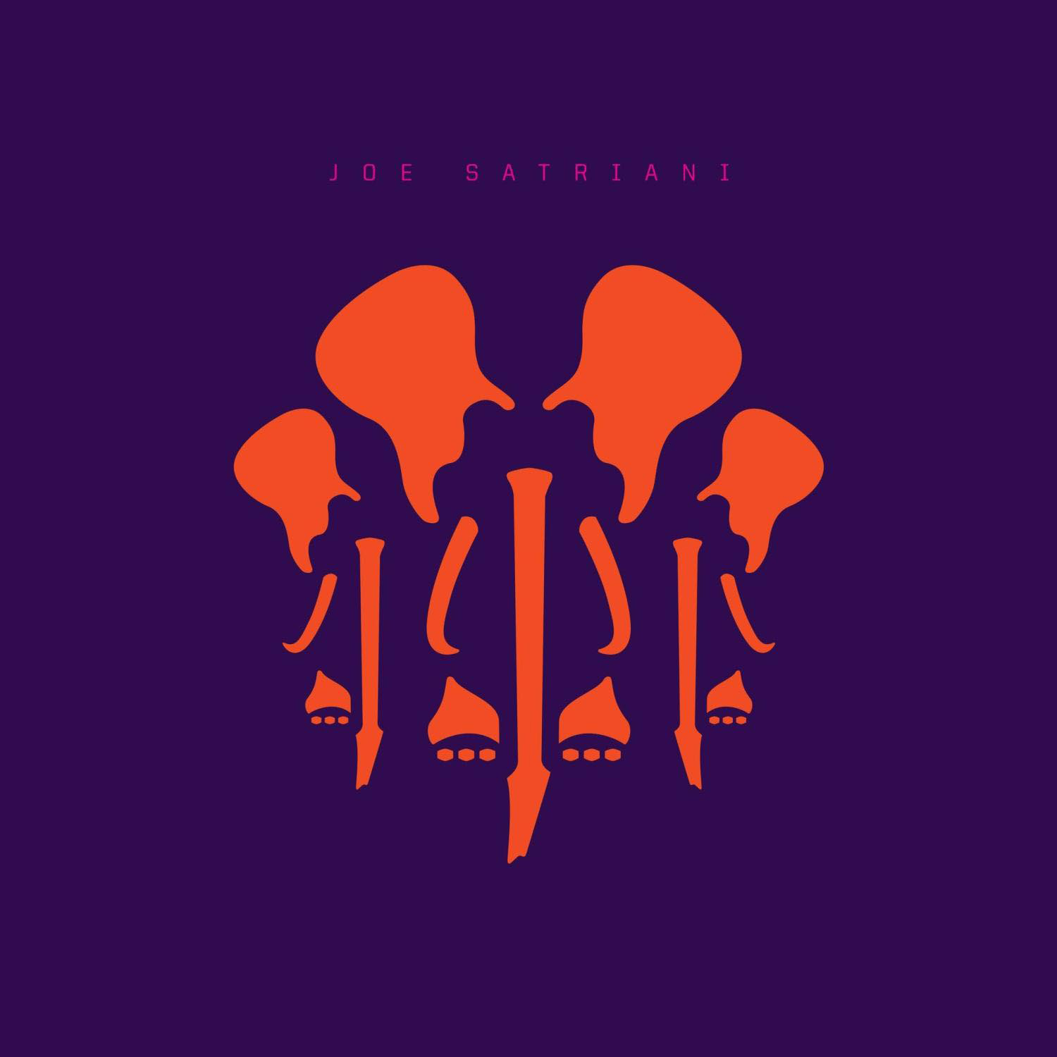 Joe Satriani Logo mit orangen gitarrenartigen Formen auf lila Hintergrund. Der Name steht darüber.