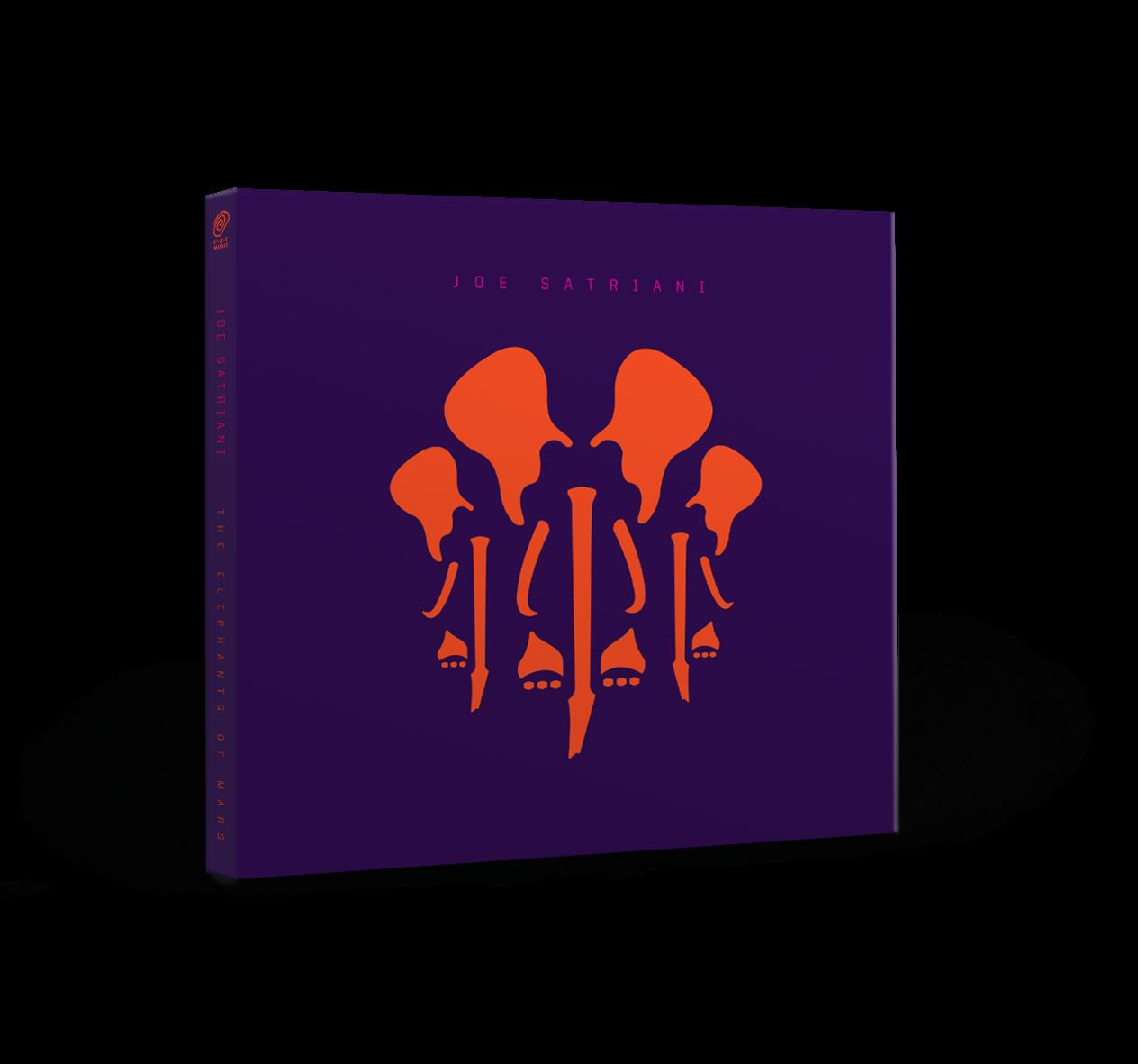 Albumcover. Lila mit orangefarbener Elefantengrafik und Text. Joe Satriani.