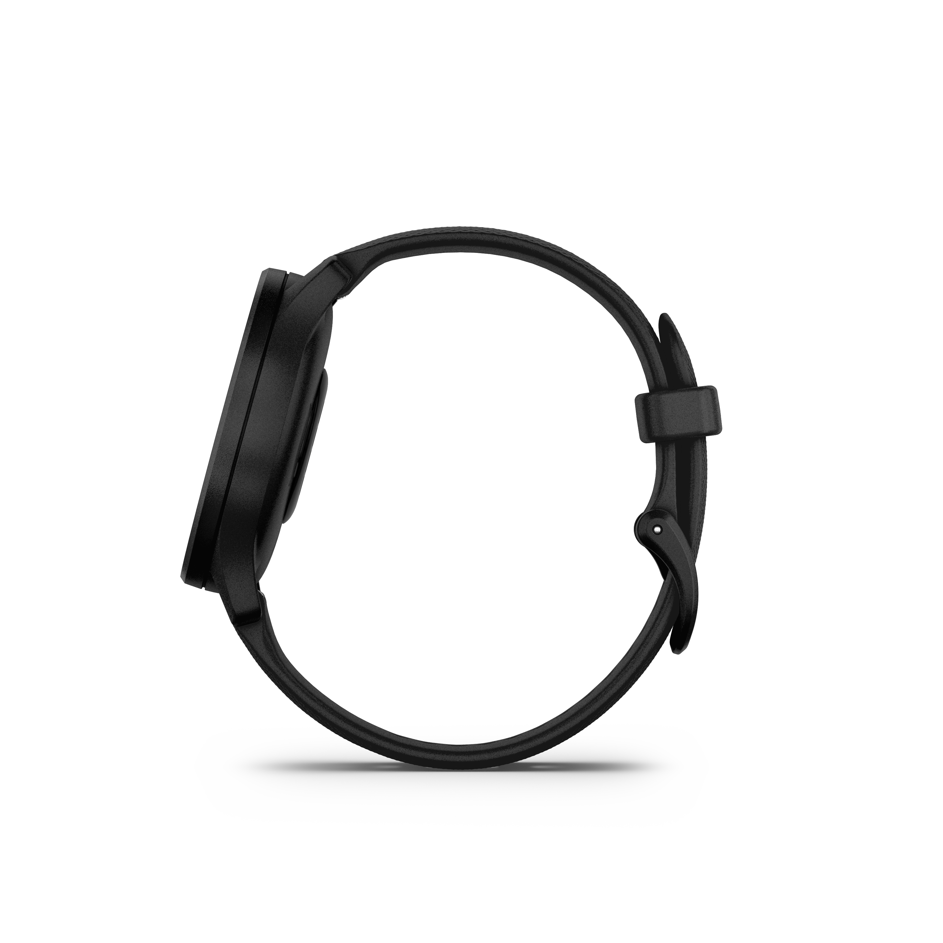 Eine schwarze Smartwatch auf weißem Hintergrund. Die Uhr ist kreisförmig mit schwarzem Armband.