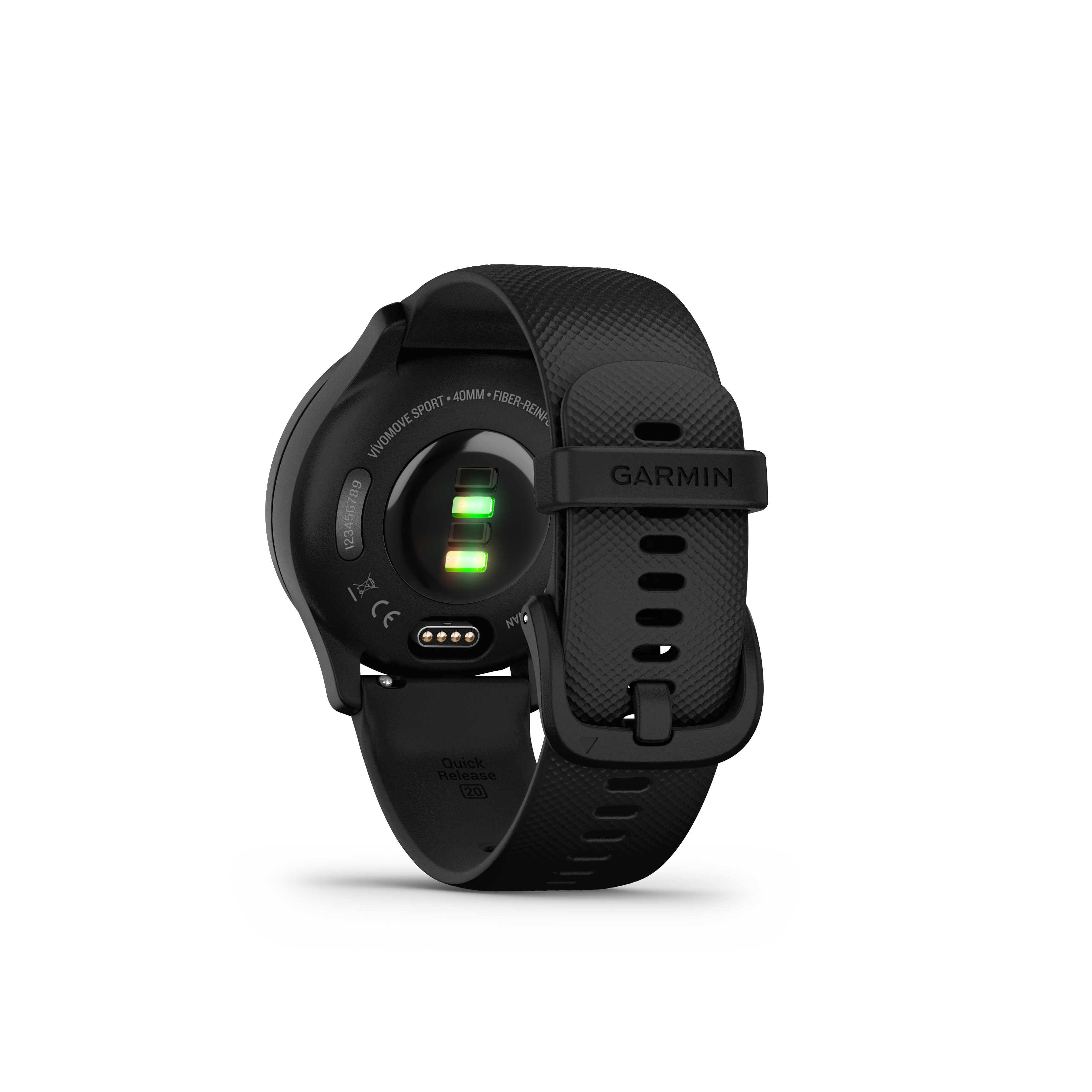 Schwarze Garmin-Uhr mit der Rückseite nach oben. Grüne Lichter leuchten, und das Armband ist schwarz.