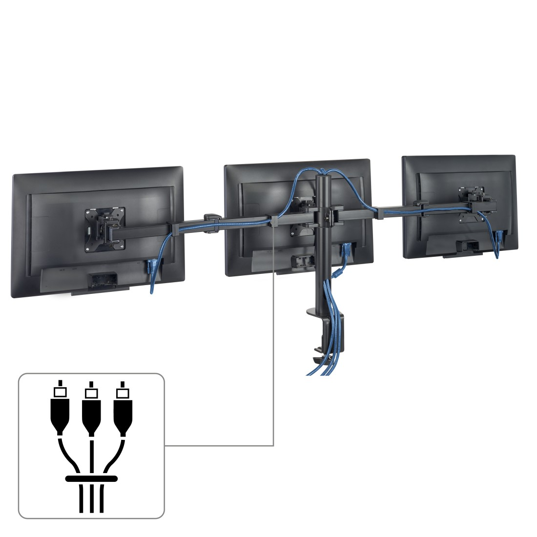 Drei Monitore auf einem Ständer mit Kabelführung, schwarz und blau.