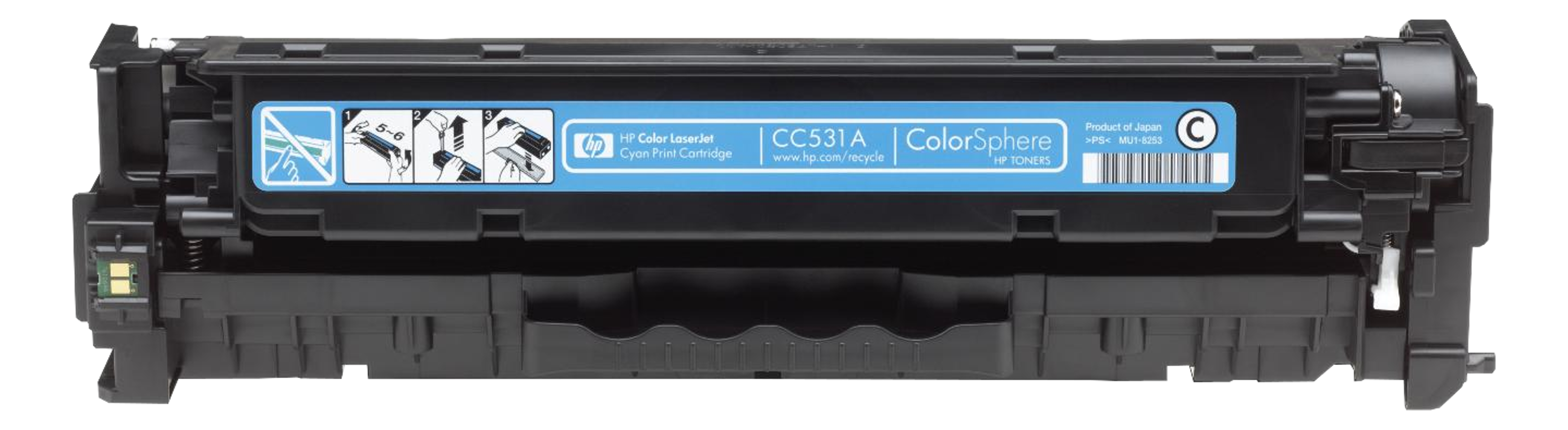 Cartuccia per stampante laser a colori HP ciano con istruzioni e logo HP.
