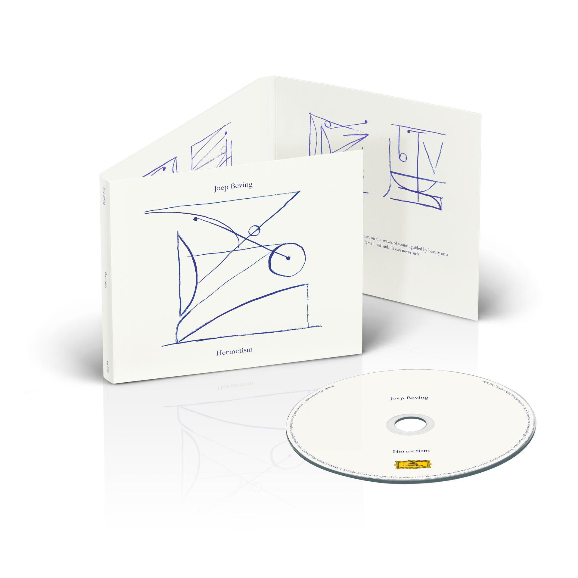 Joep Beving's Albumcover, geöffnet. Weißer Hintergrund mit blauen abstrakten Linien und CD.