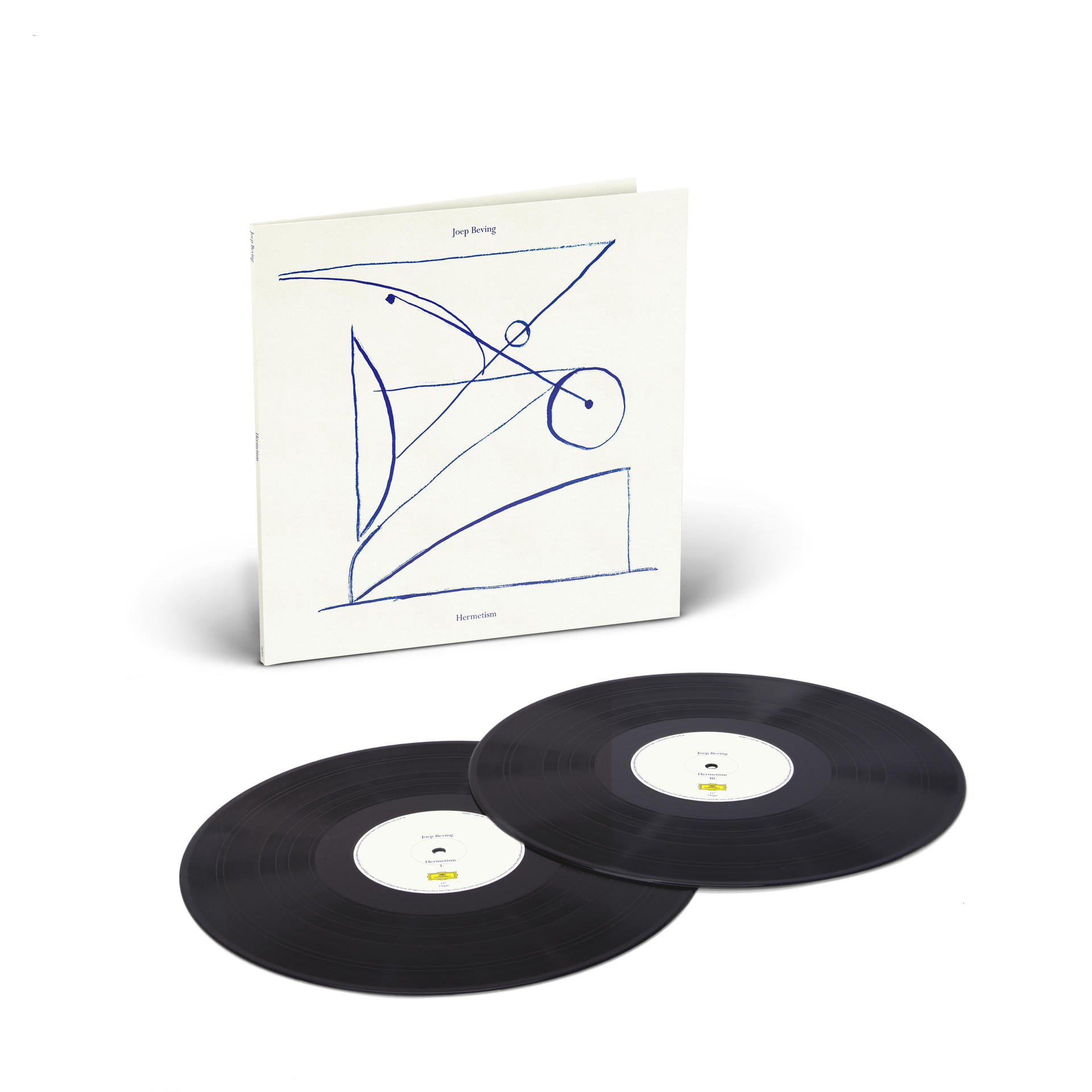 Zwei schwarze Schallplatten neben einem Albumcover mit abstrakter blauer Kunst.