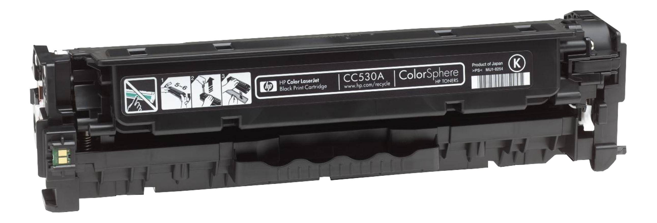 Cartouche d'imprimante HP noire, CC530A, avec étiquettes et instructions, produit du Japon. Fond blanc.