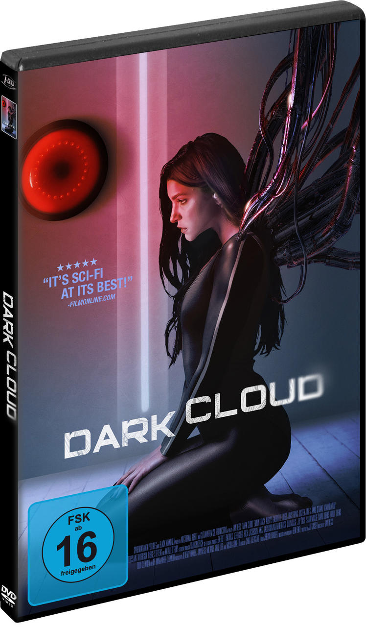 Eine DVD-Hülle mit einer knienden Frau auf dem Cover. Der Titel ist 'DARK CLOUD' mit einem Sci-Fi-Slogan.