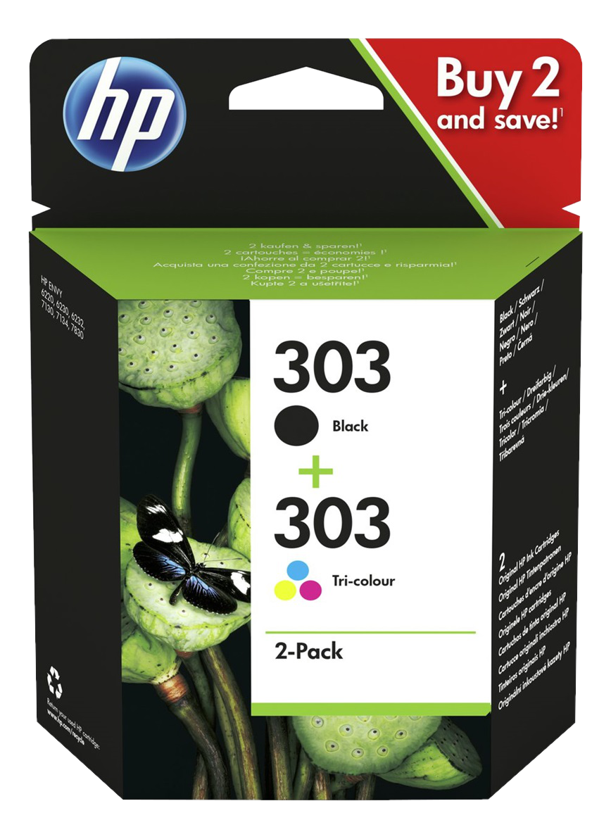 HP 303 Tintenpatronenbox, enthält schwarze und dreifarbige Patronen, mit Lotusblumenbild.
