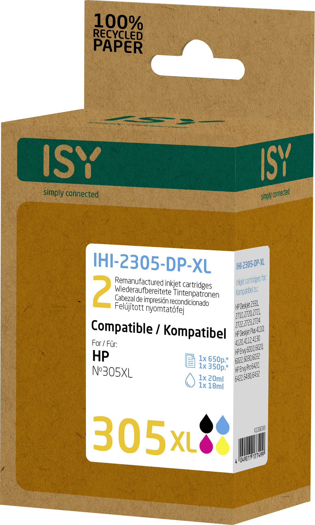 Eine braune Tintenpatronenbox mit 'ISY'-Logo und Tintenpatronendetails, mit dem HP-Logo.