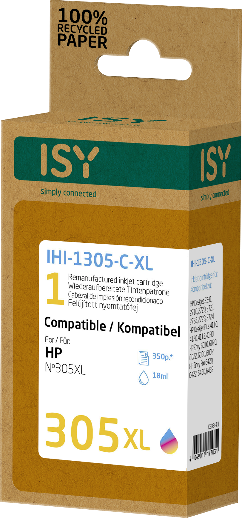 Tintenpatronenbox, braun mit weißem und farbigem Text, beschriftet mit „IHI-1305-C-XL“ und „HP“.