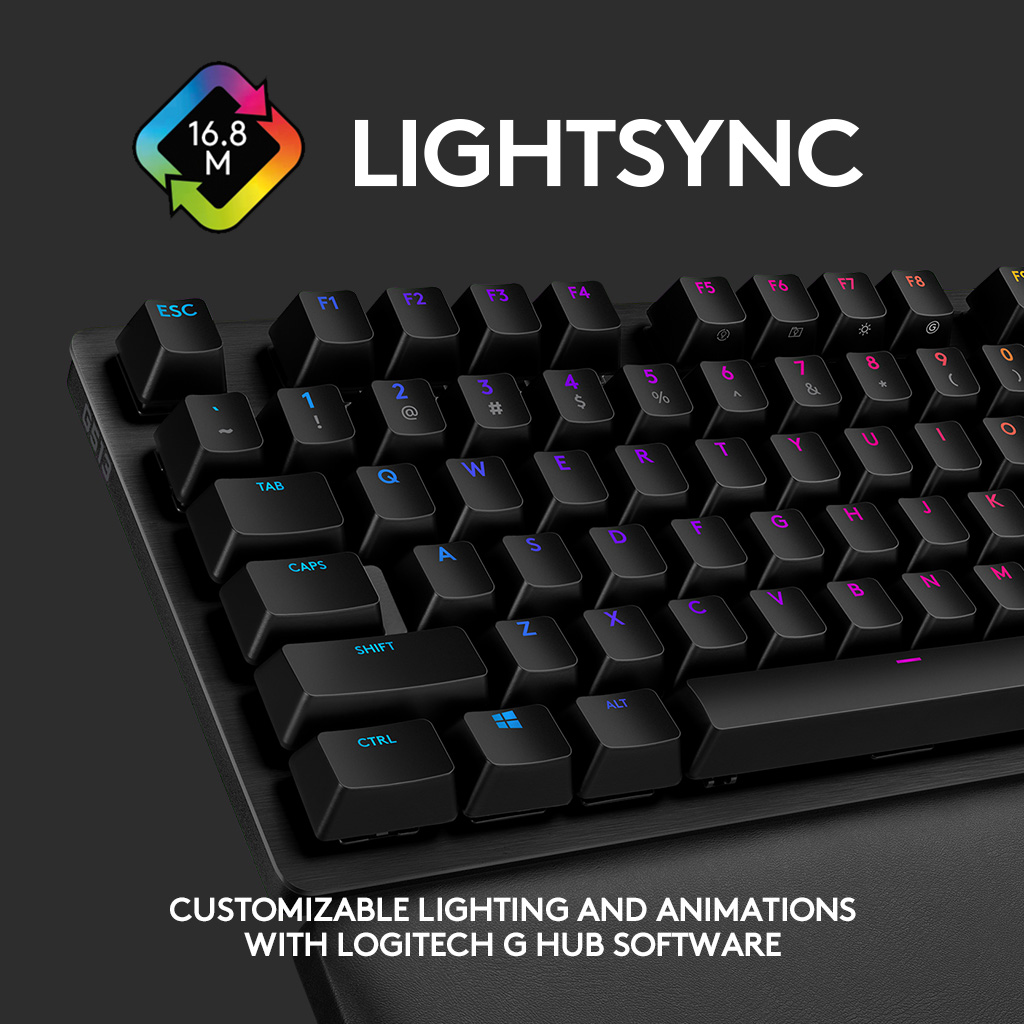 Clavier noir avec touches éclairées, couleurs RVB, une icône arc-en-ciel et le texte 'LIGHTSYNC'.