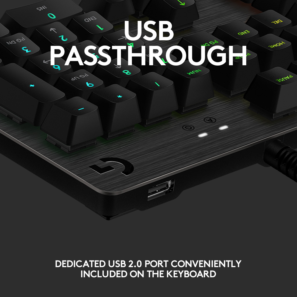 Détail du clavier noir, USB passthrough, texte, port USB dédié.