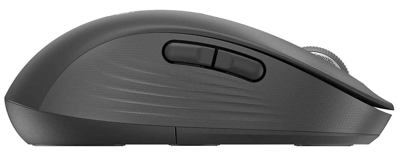 Sötétszürke ergonomikus egér oldalnézete, két oldalsó gombbal, fekete háttérrel.