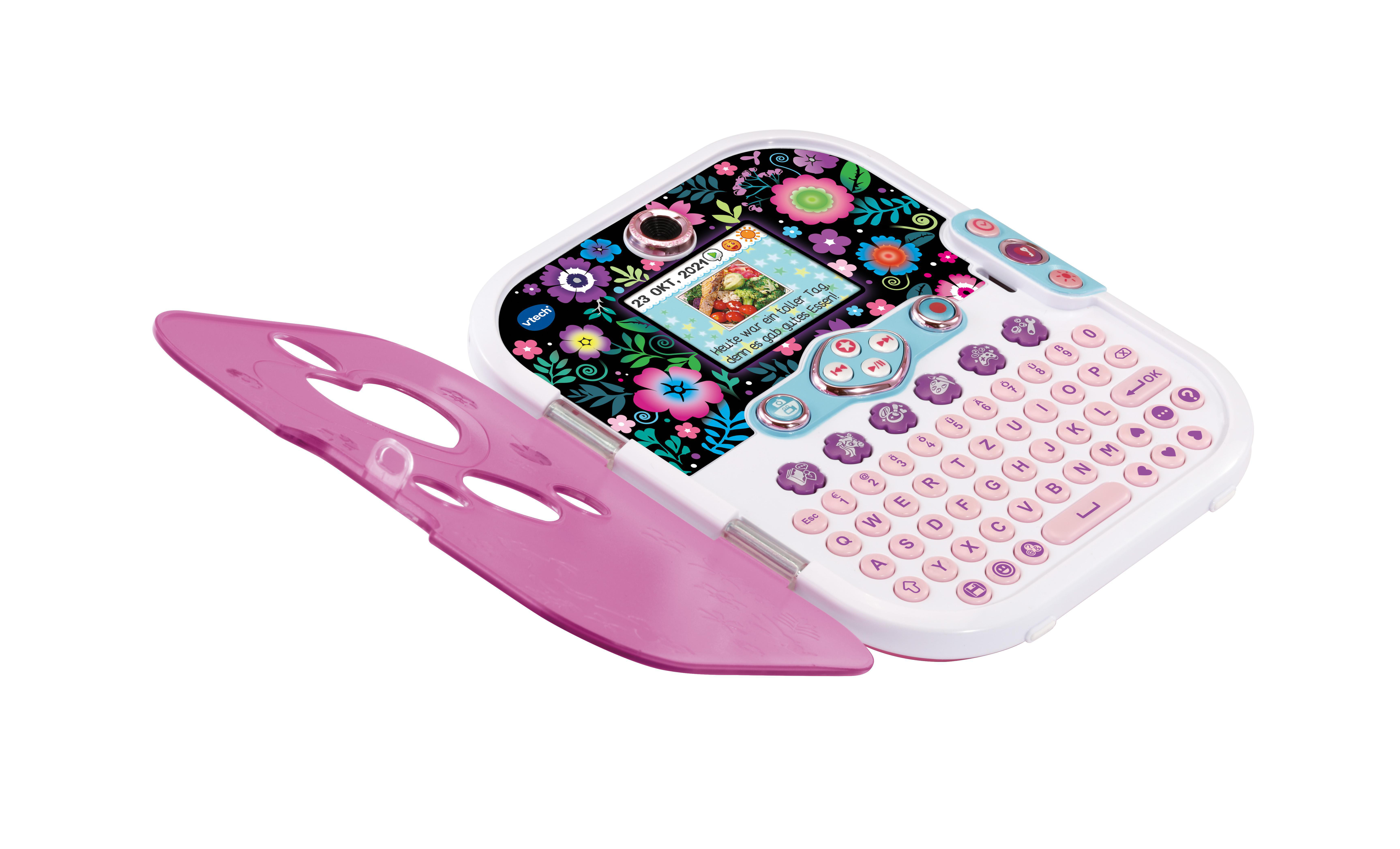 Ein rosa-weißes Tagebuch mit Bildschirm und Tastatur, geöffnet. Es ist mit floralen Designs verziert.