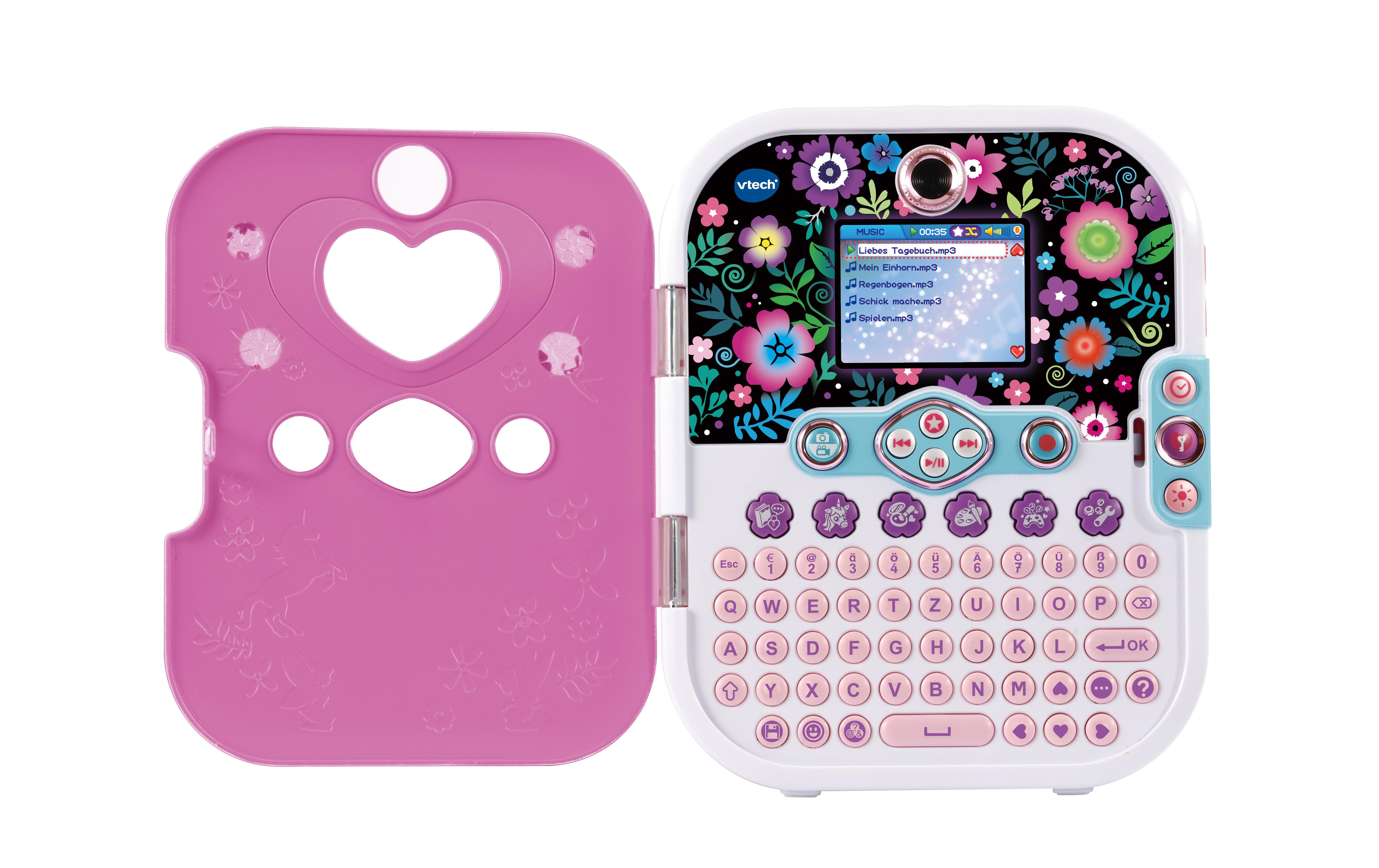 Rosa und weißes Spielzeugtagebuch, offen, mit kleinem Bildschirm und Tastatur. Mit Blumen verziert.