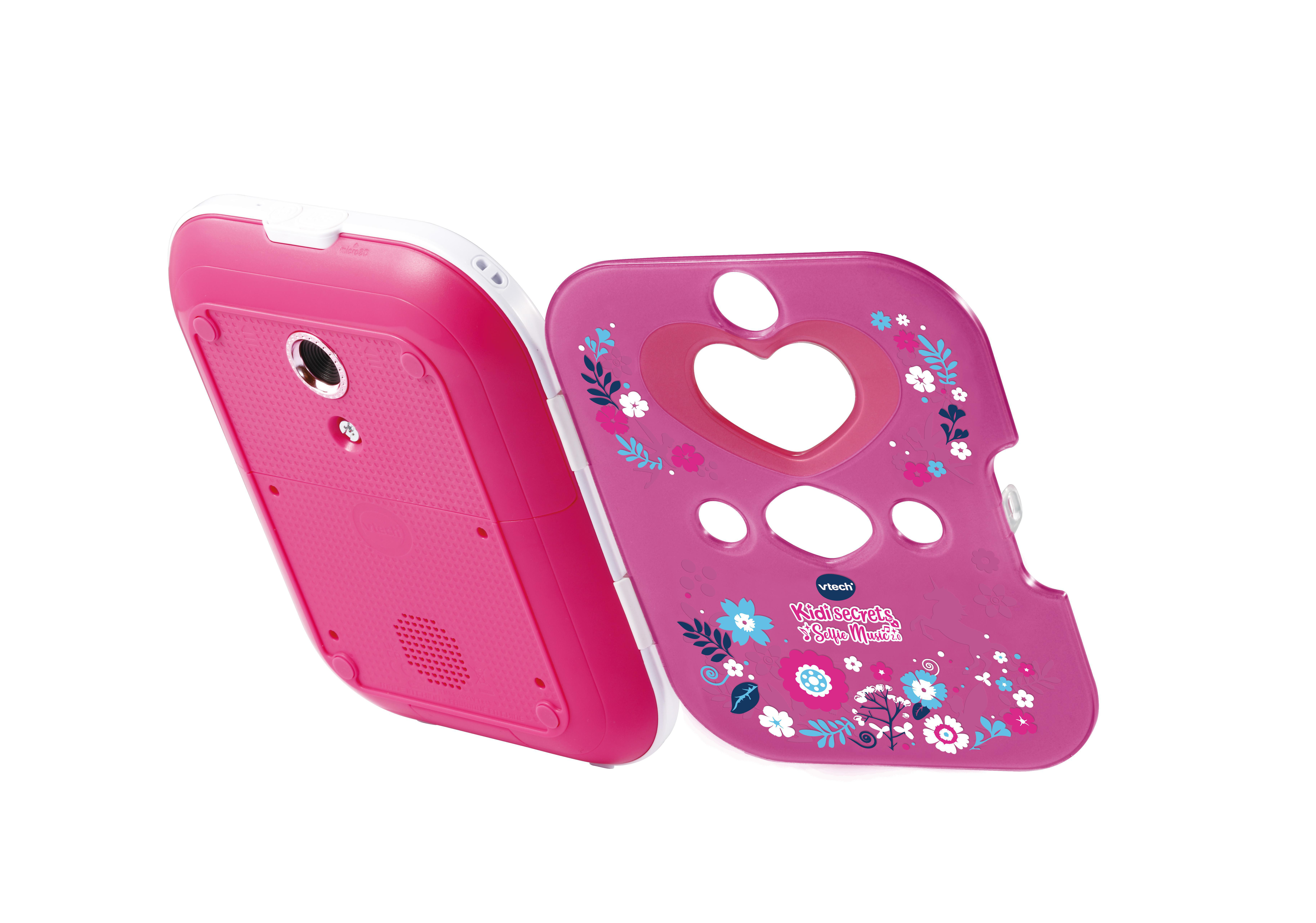 Rosa Kindertelefon mit offenem, dekorativem Gehäuse, weißer Hintergrund.