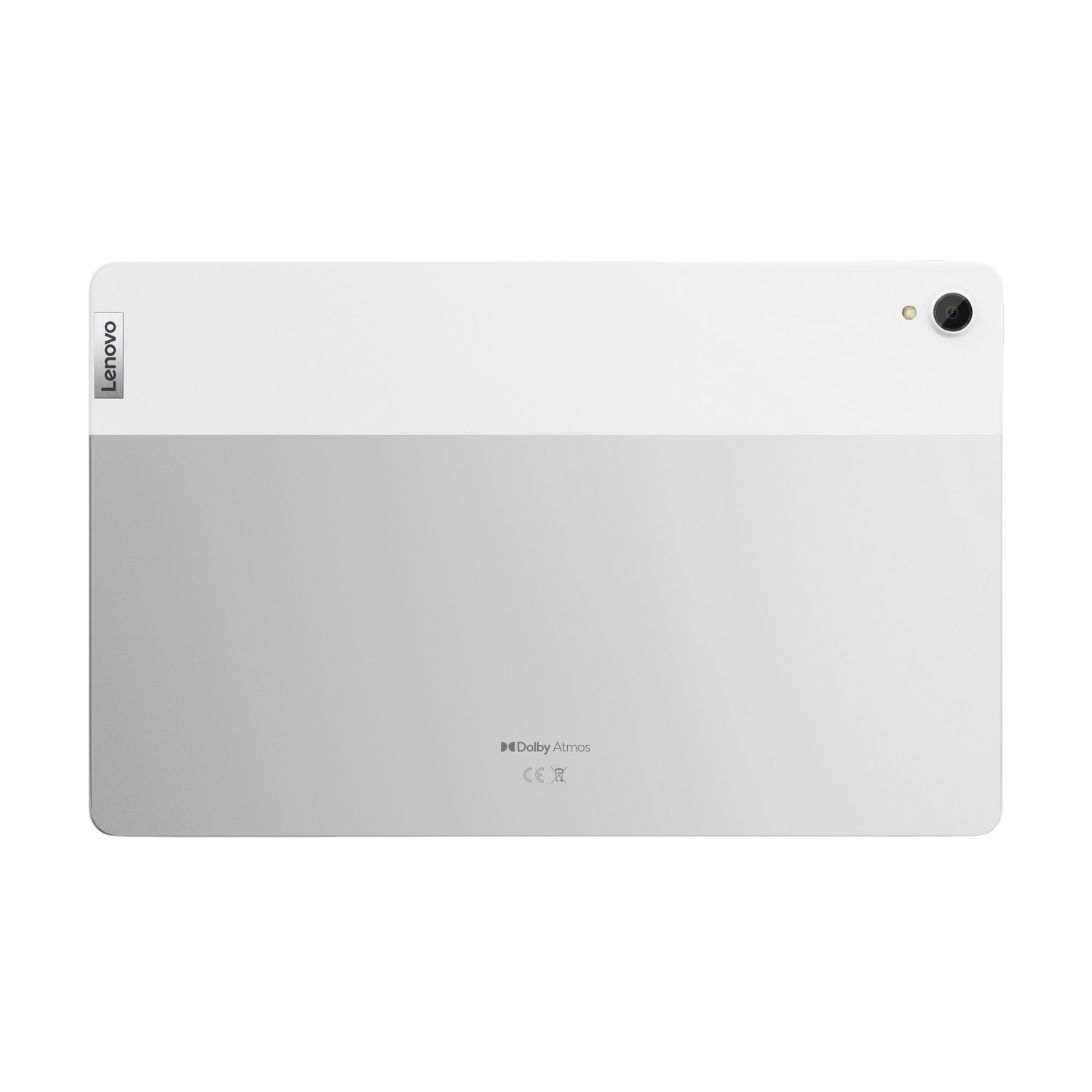 Una tableta blanca y plateada con el logotipo de Lenovo, cámara y logotipo de Dolby Atmos.