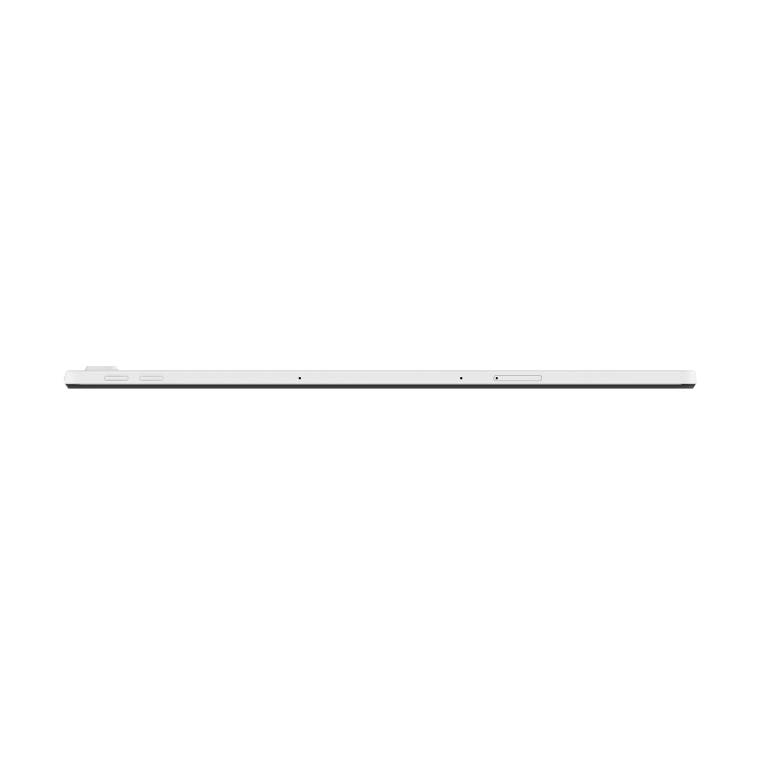 Una pantalla negra. La vista es un perfil lateral de una tableta, con un borde blanco delgado.