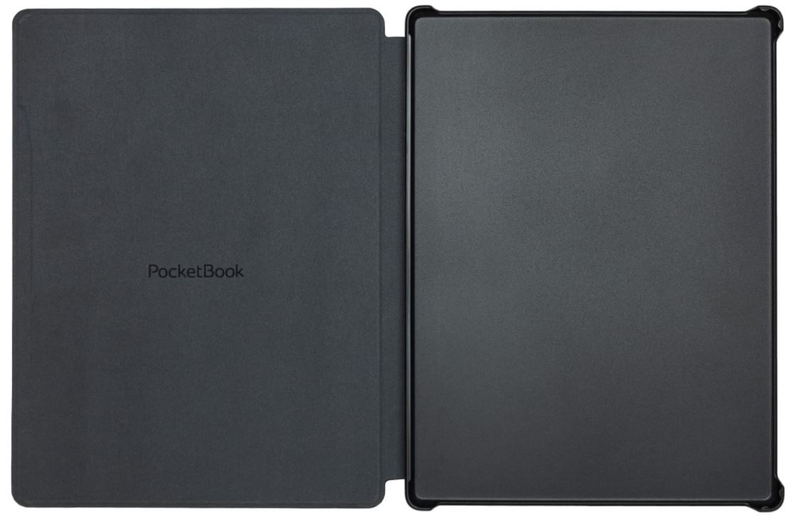 PocketBook E-Reader in Hülle. Geöffnet, zeigt Bildschirm, schwarzer Rahmen und Logo.