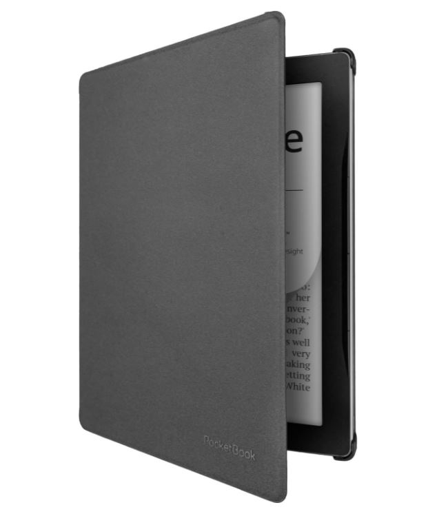 PocketBook E-Reader in einem grauen Etui, auf einer Textseite geöffnet. Weißer Hintergrund.