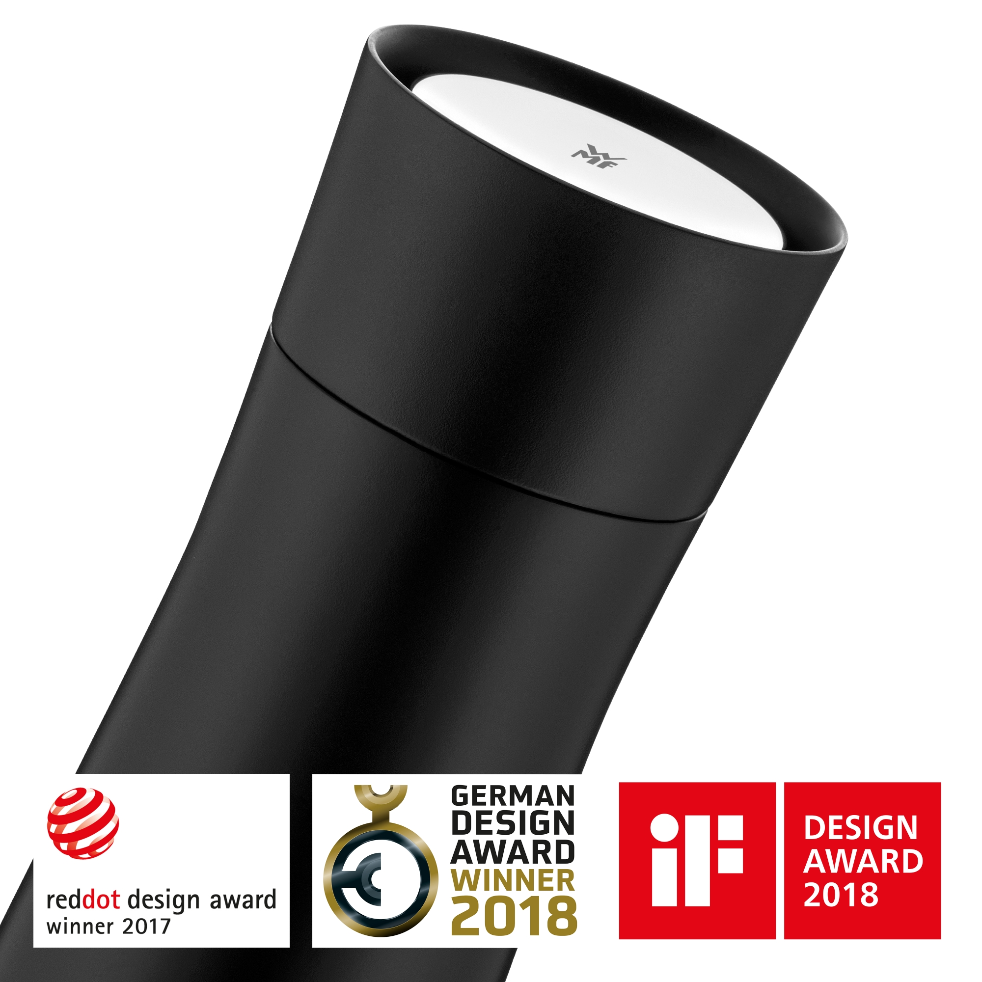 Altta ödüller bulunan siyah, silindirik bir kap. Üst kısım beyazdır. Reddot, German Design Award, iF.